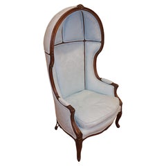 French Louis XV Style Blue Damask Fabric Hooded Porters Chair