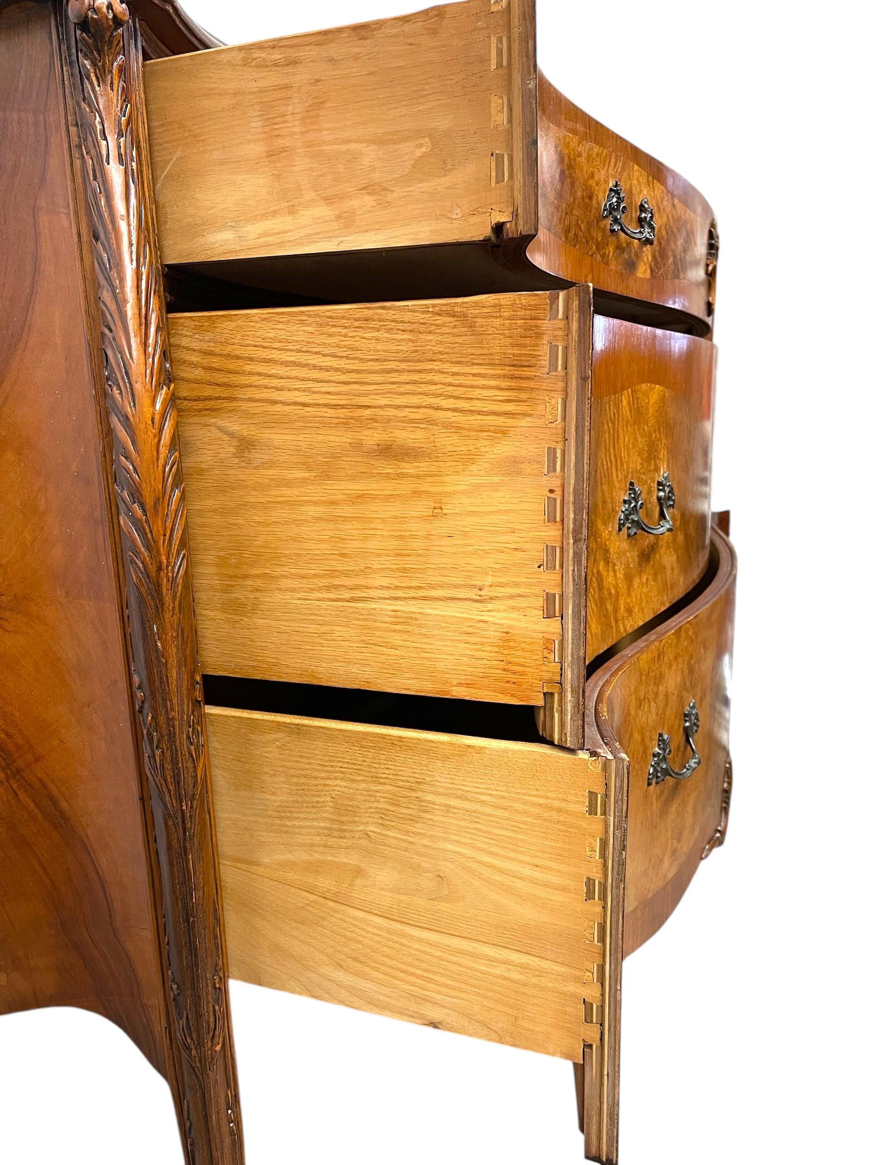 French Louis XV Style Bombe Burlwood 3-Drawer Commode with Carved Details For Sale 6