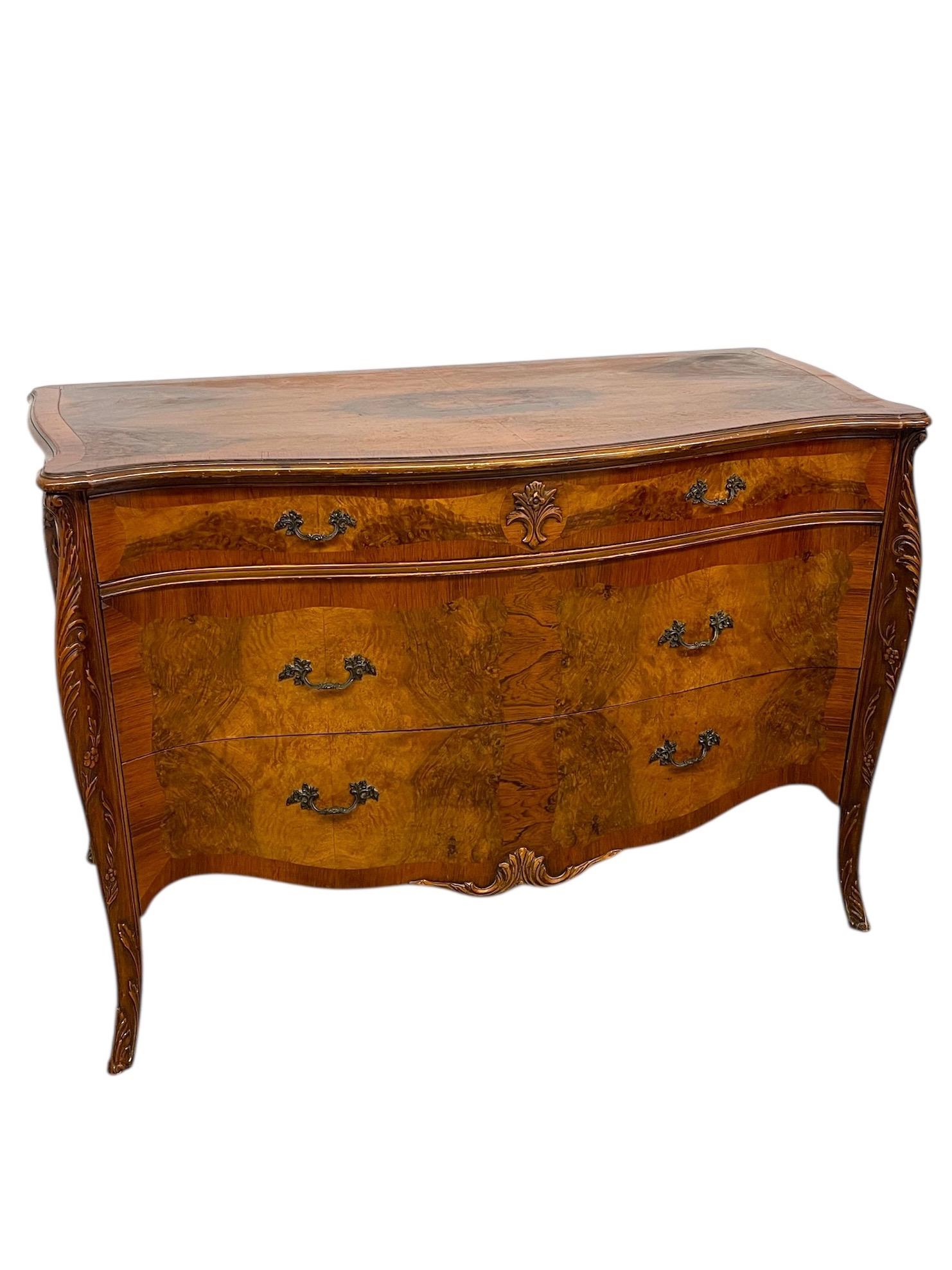 Mid-Century Modern French Louis XV Style Bombe Burlwood 3-Drawer Commode with Carved Details For Sale