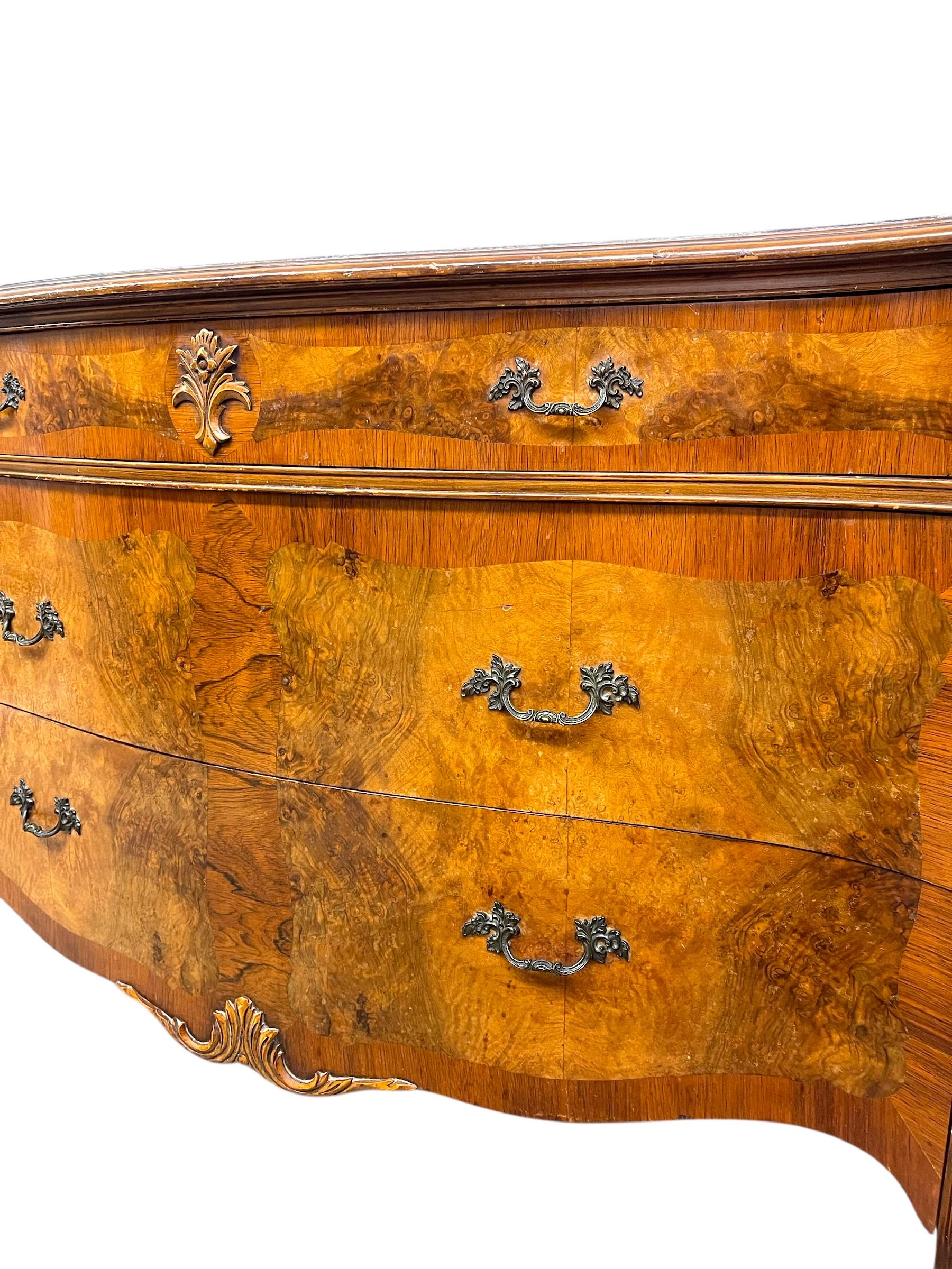 Late 20th Century French Louis XV Style Bombe Burlwood 3-Drawer Commode with Carved Details For Sale