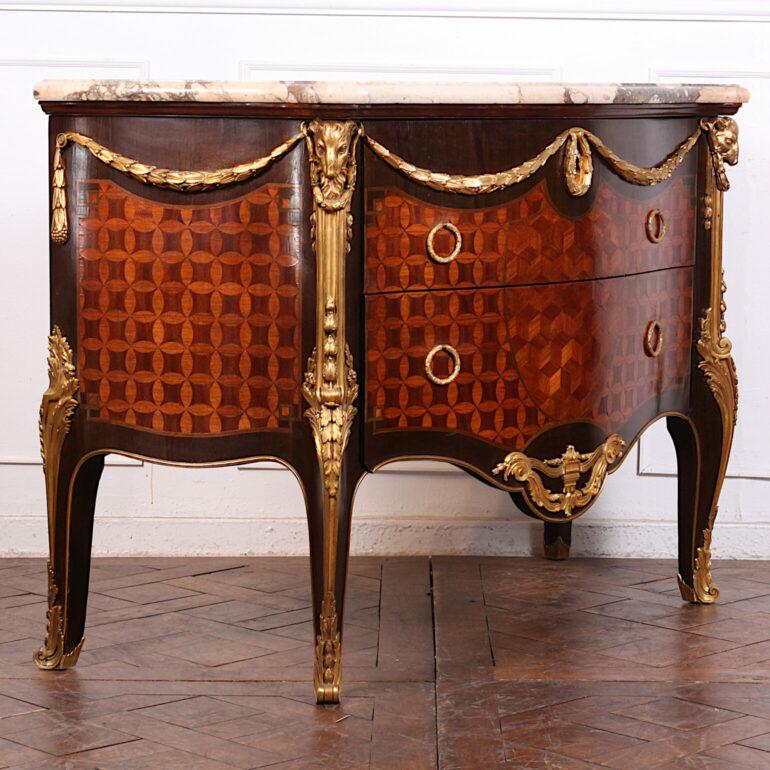 Marquetry French Louis XV Style Bombe Commode with Gilt Mounts