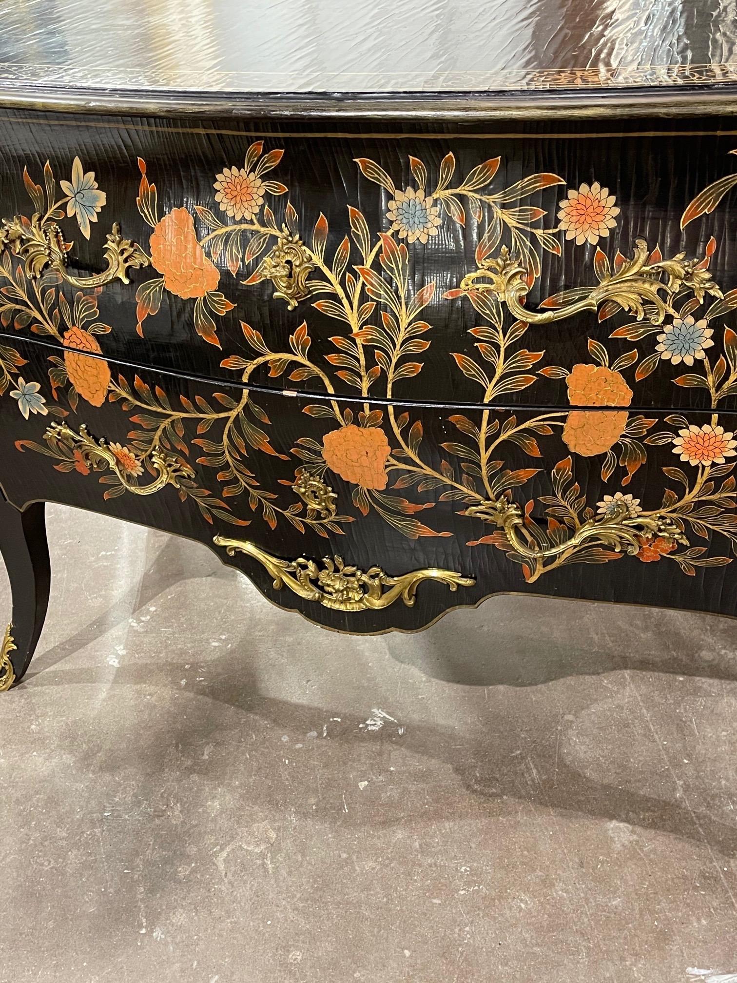 Hand-Painted French Louis XV Style Bombe Painted Commode For Sale