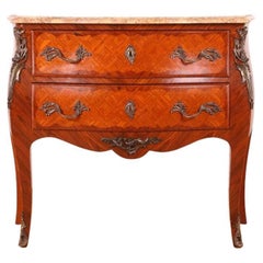 French Louis XV Style Bombe Parquetry Commode with Marble Top, c.1900