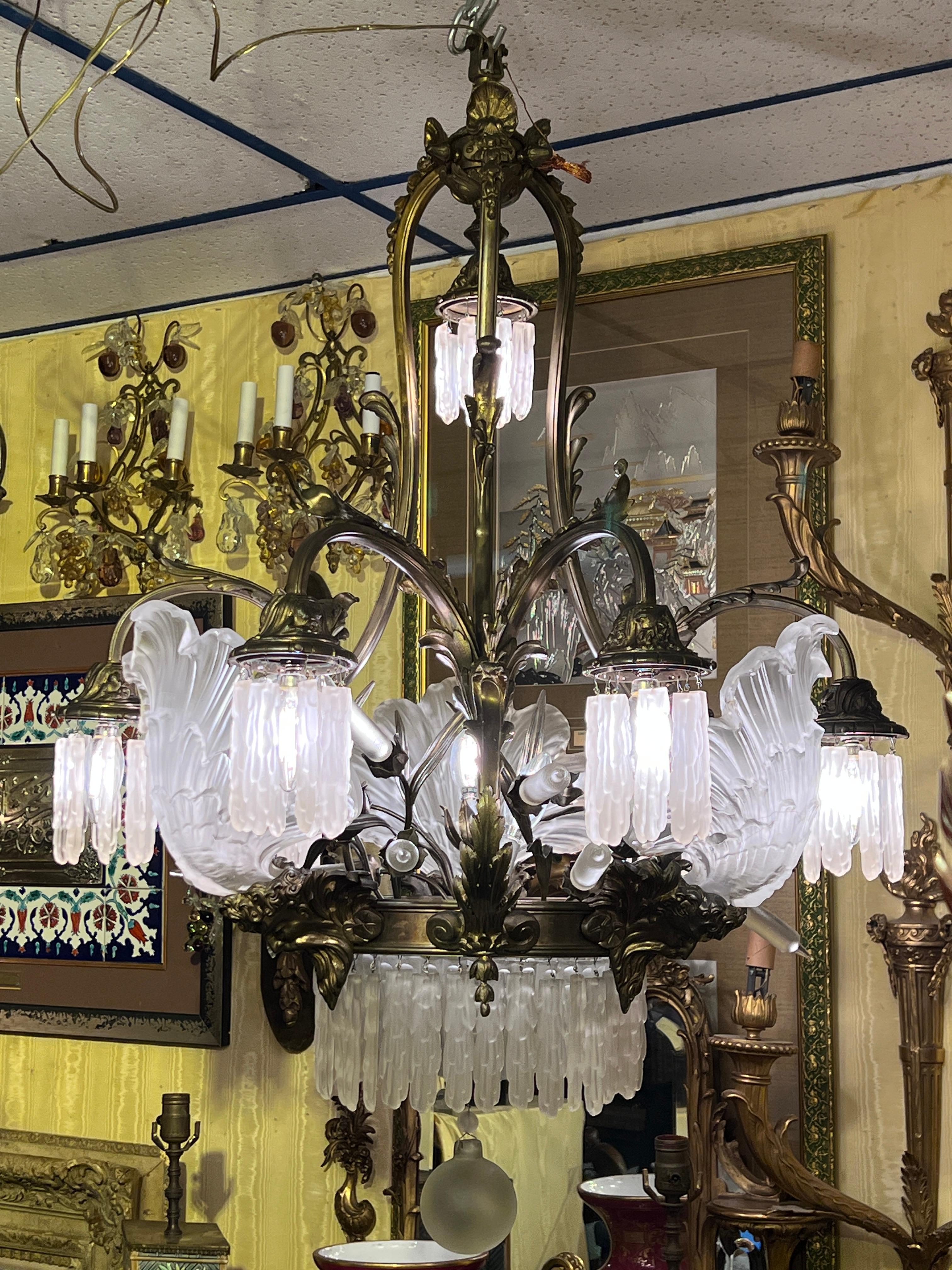 Neoclassical French Louis XV style  Bronze and frosted glass shell motif Chandelier For Sale