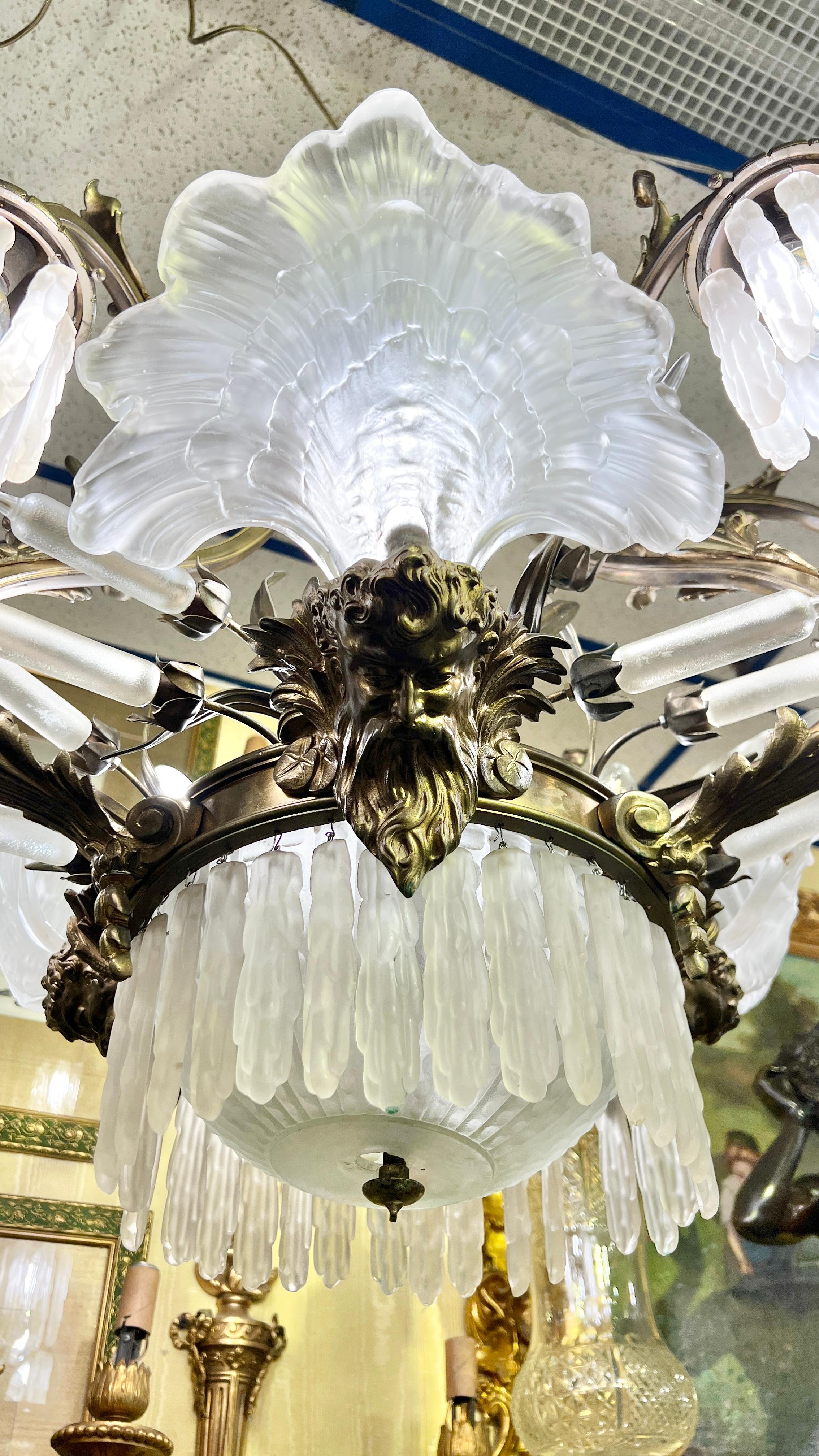 French Louis XV style  Bronze and frosted glass shell motif Chandelier In Good Condition For Sale In New York, NY
