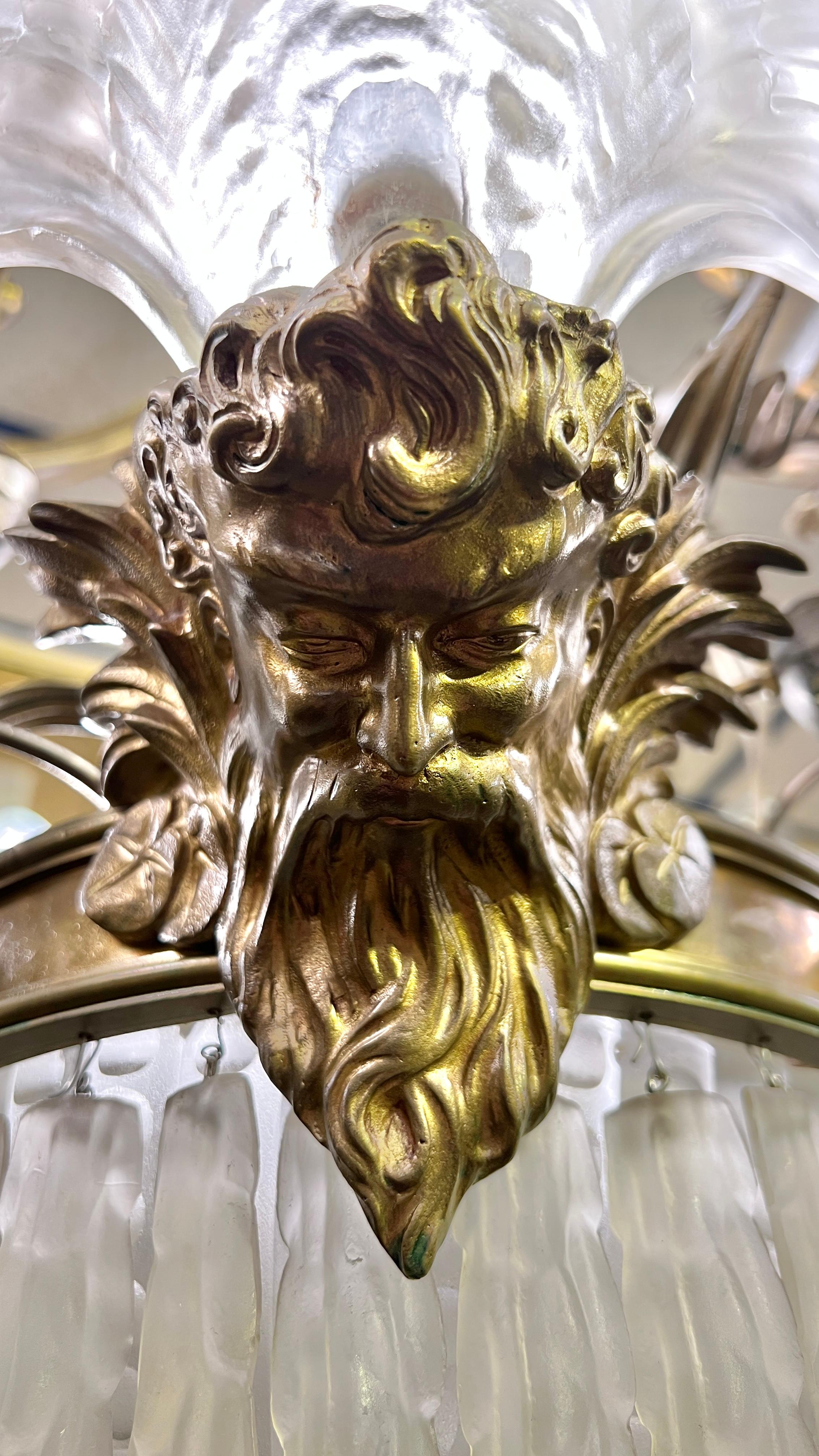 20th Century French Louis XV style  Bronze and frosted glass shell motif Chandelier For Sale