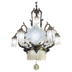 French Louis XV style  Bronze and frosted glass shell motif Chandelier