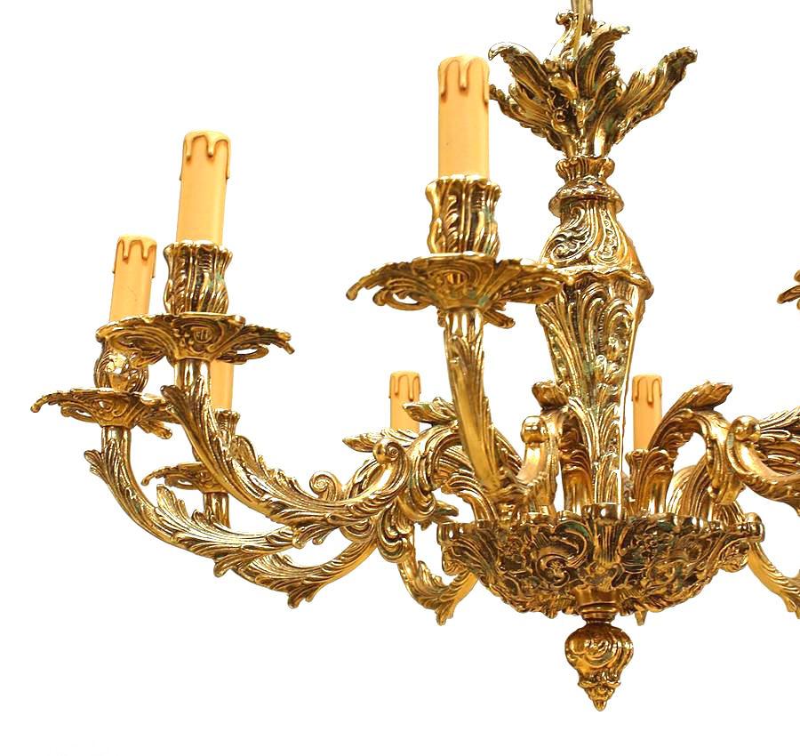 French Louis XV-Style bronze chandelier with 10 arms and filigree bobeche and finial bottom with canopy.
