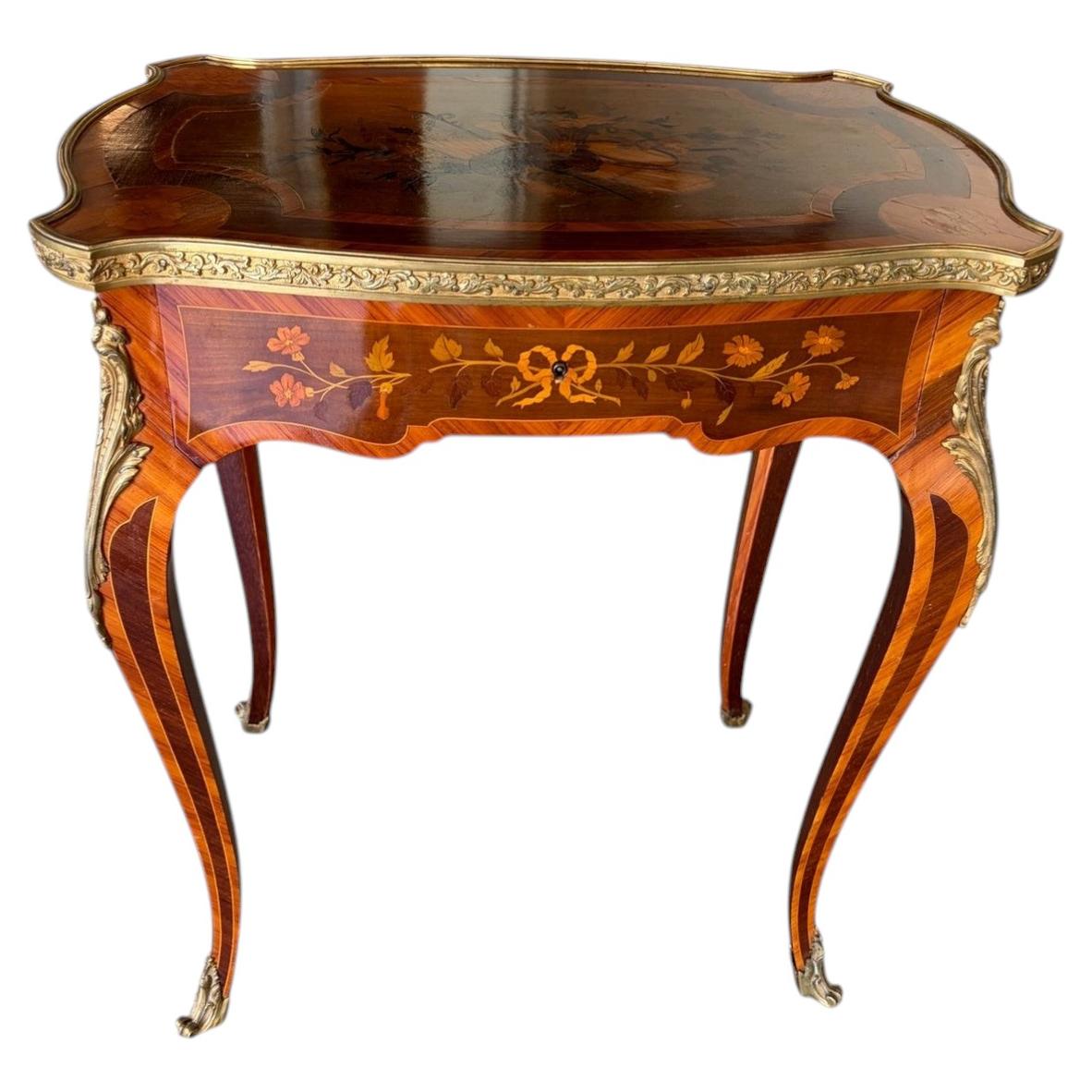 French Louis XV Style Bronze Doré Marquetry Side Table, Circa 1870 For Sale