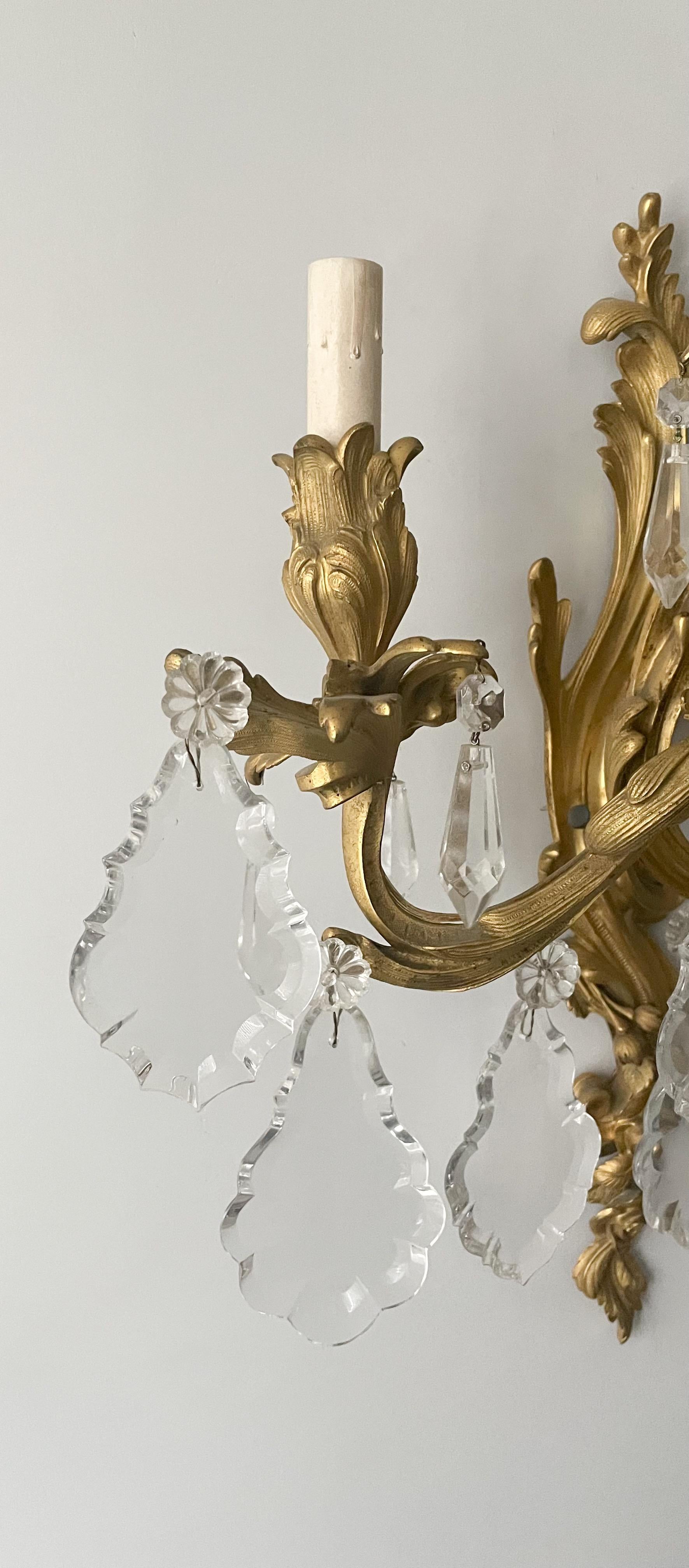 Mid-20th Century French Louis XV-Style Bronze Ormolu And Crystal Sconces