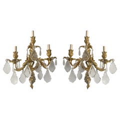 French Louis XV-Style Bronze Ormolu And Crystal Sconces