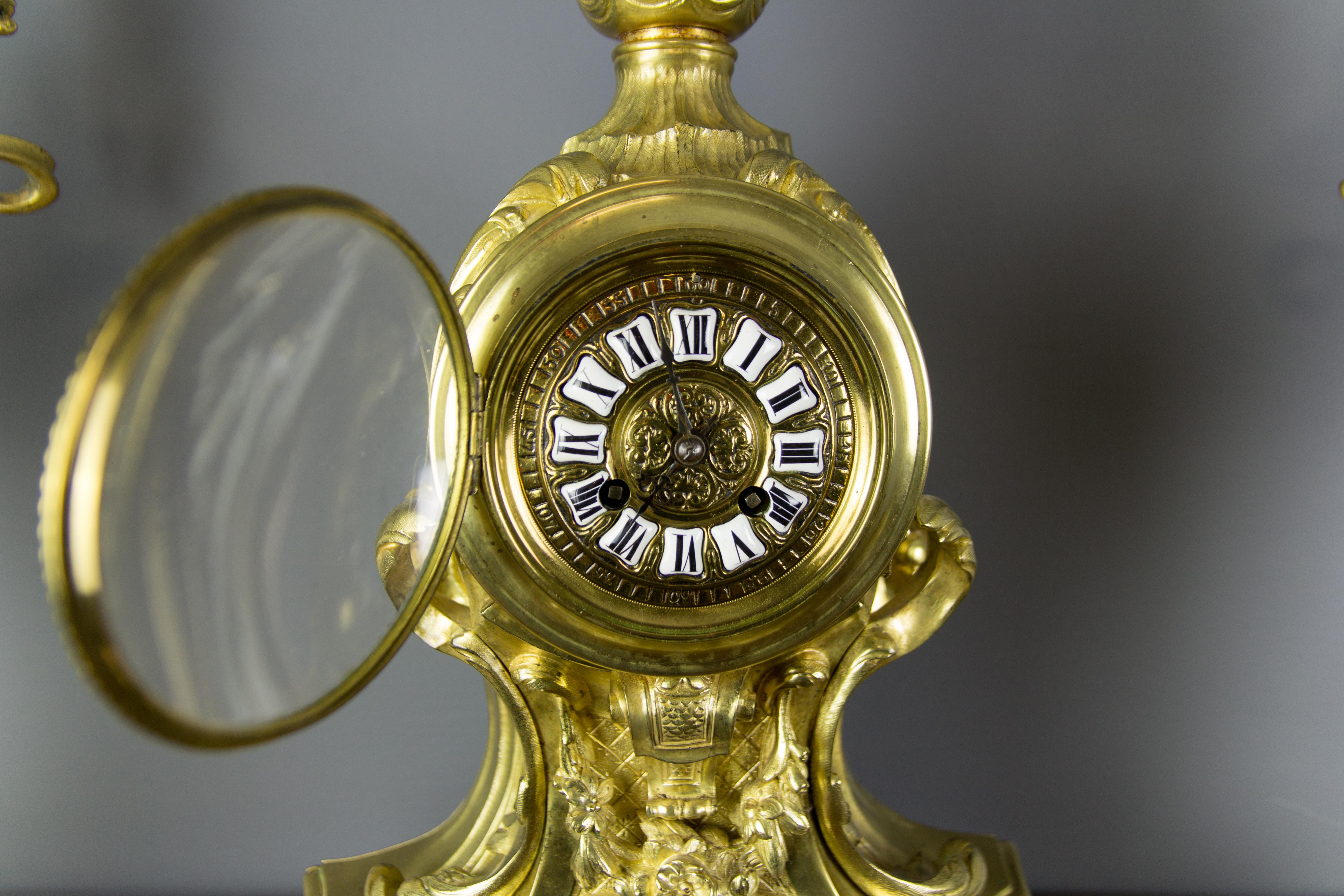 French Louis XV Style Bronze Three-Piece Garniture Clock Set For Sale 11
