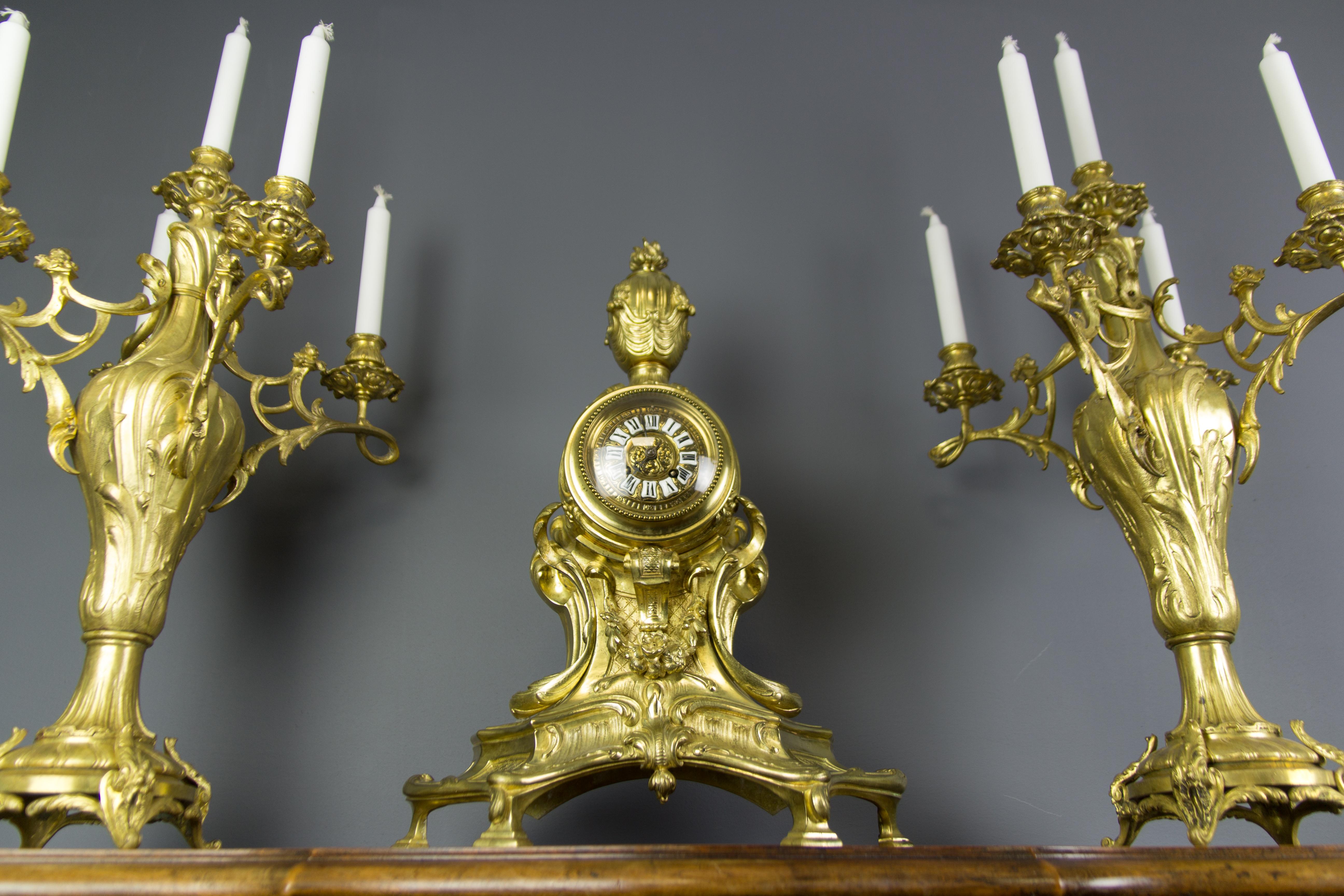 French Louis XV Style Bronze Three-Piece Garniture Clock Set For Sale 14