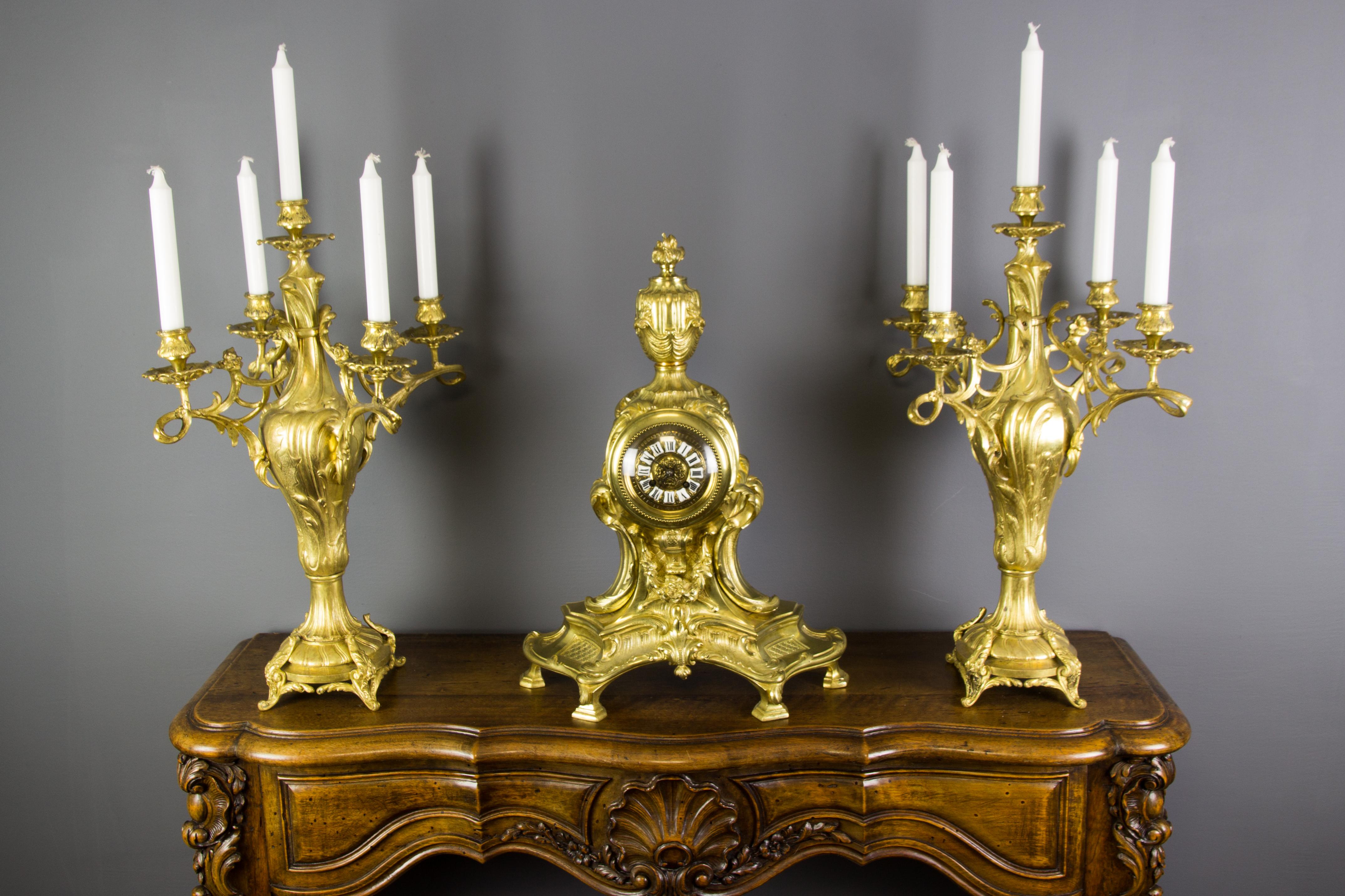French Louis XV Style Bronze Three-Piece Garniture Clock Set For Sale 15