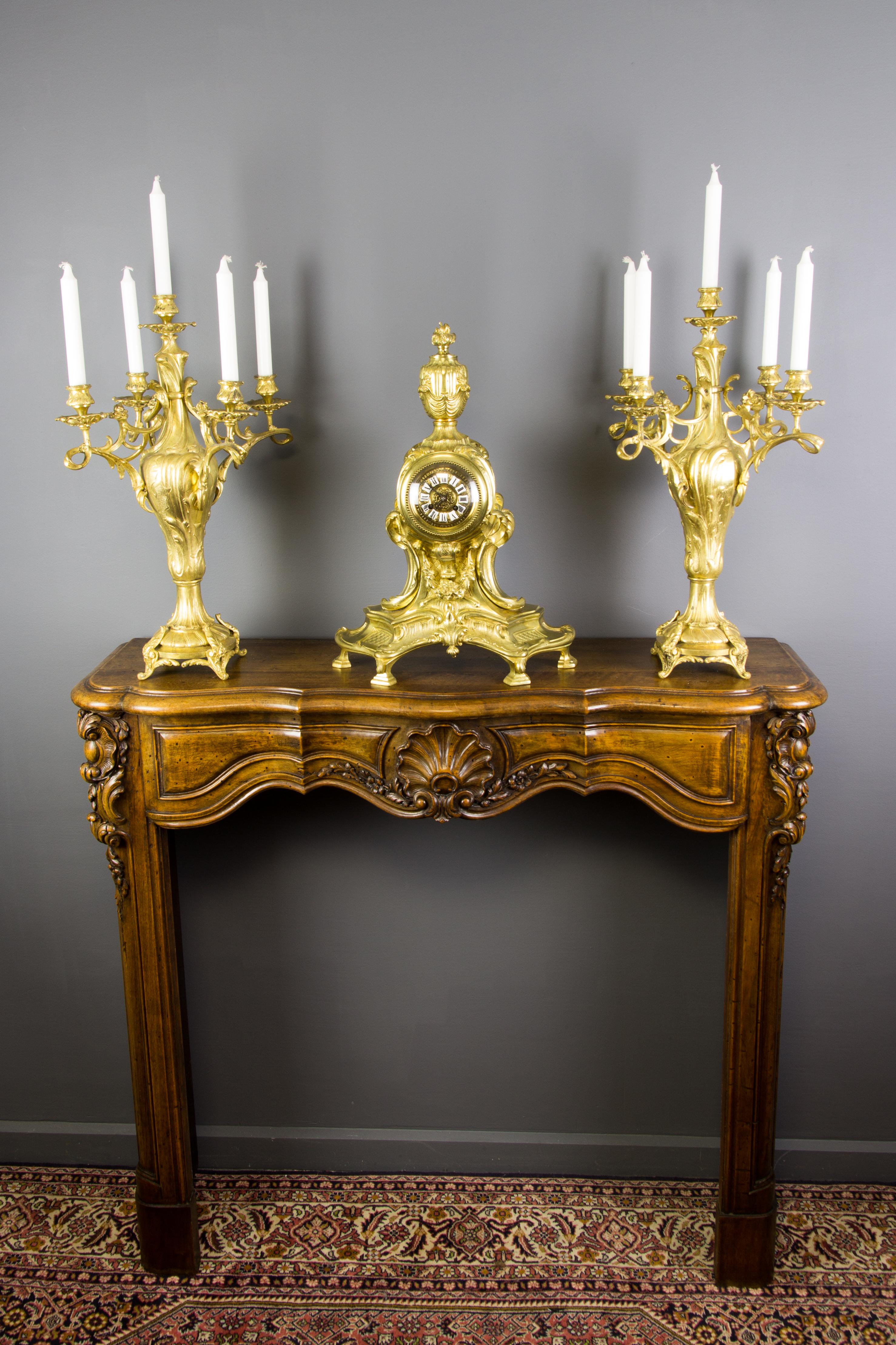 French Louis XV Style Bronze Three-Piece Garniture Clock Set For Sale 16