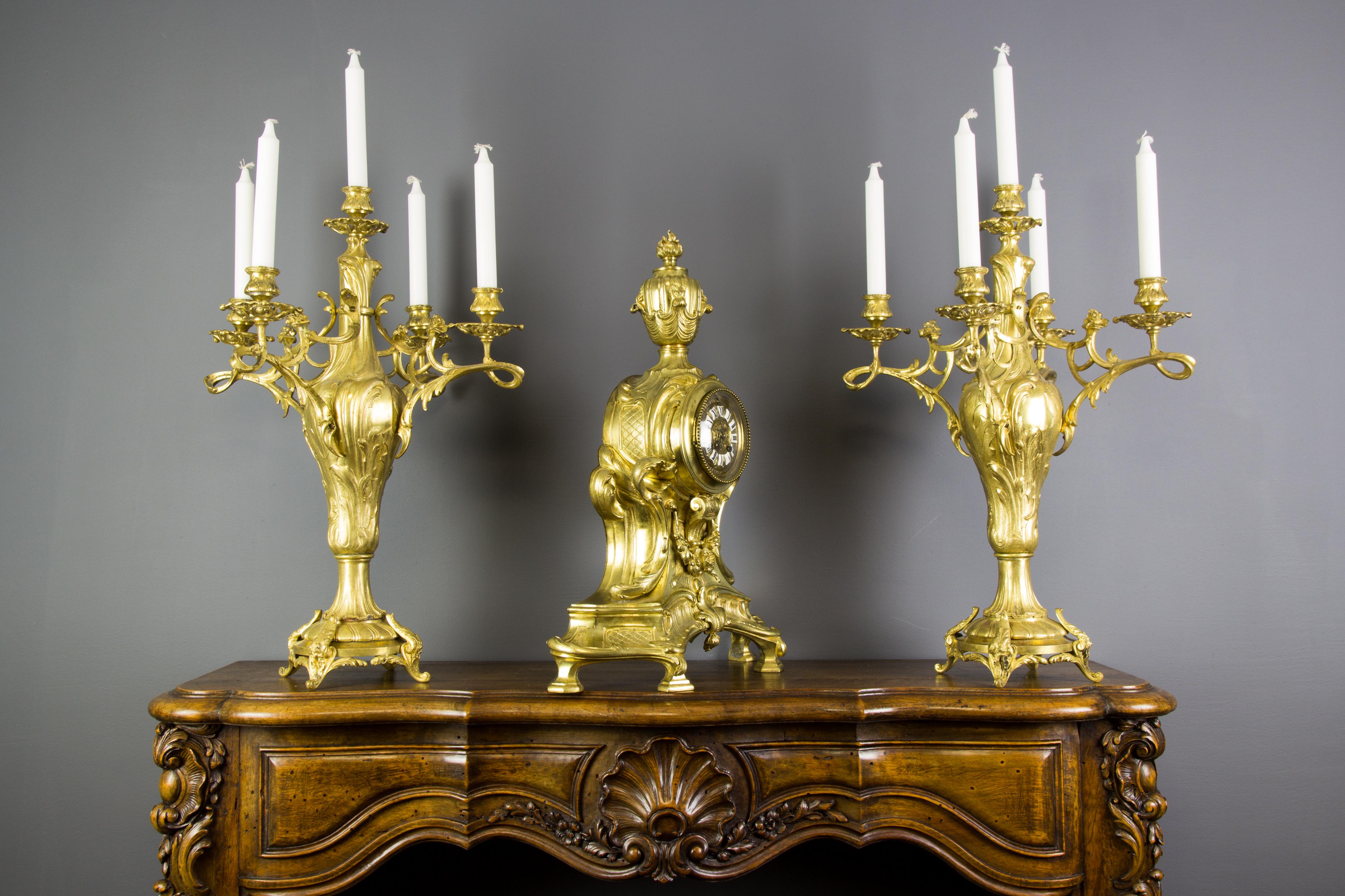 Early 20th Century French Louis XV Style Bronze Three-Piece Garniture Clock Set For Sale
