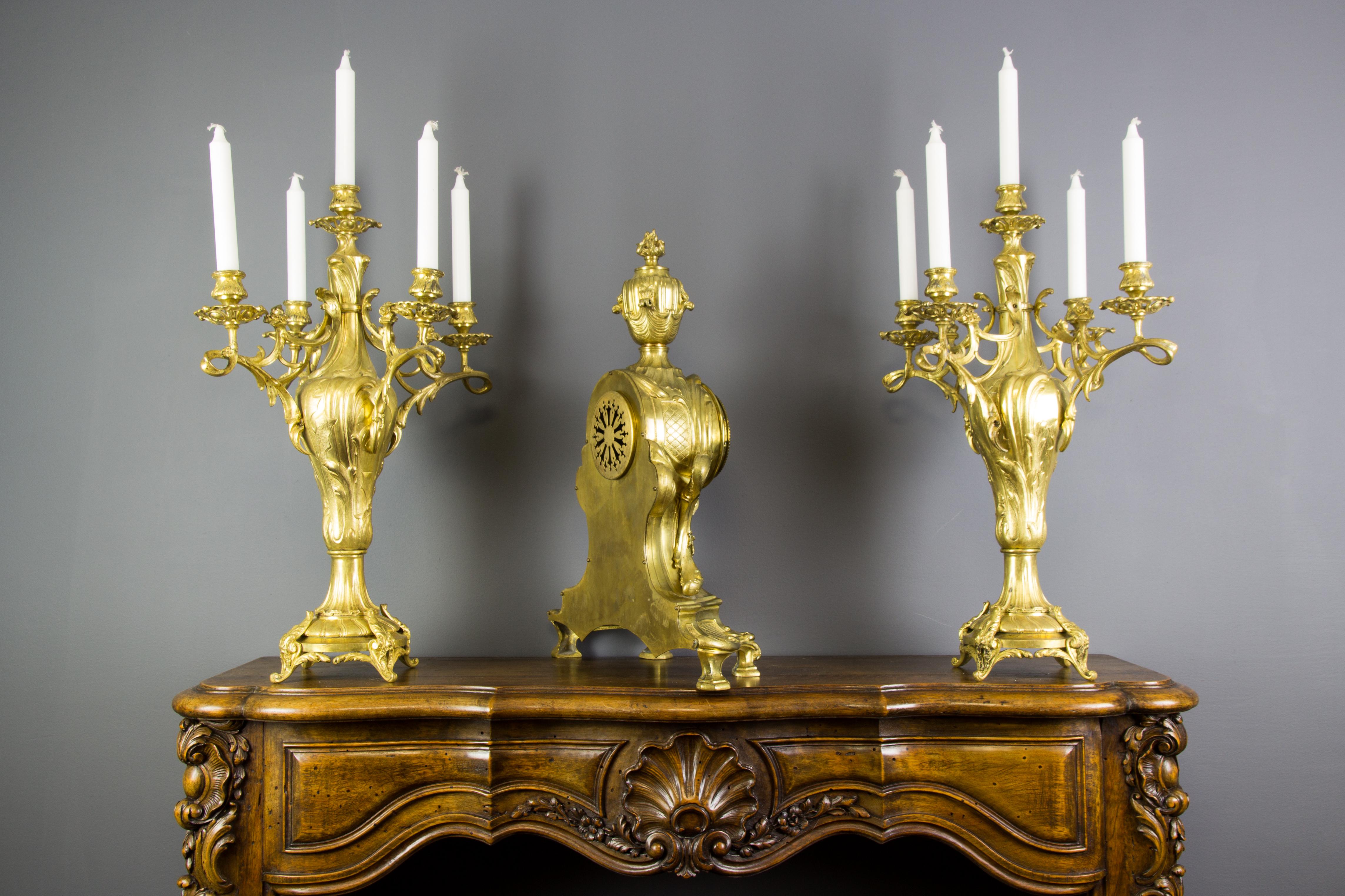 French Louis XV Style Bronze Three-Piece Garniture Clock Set For Sale 1