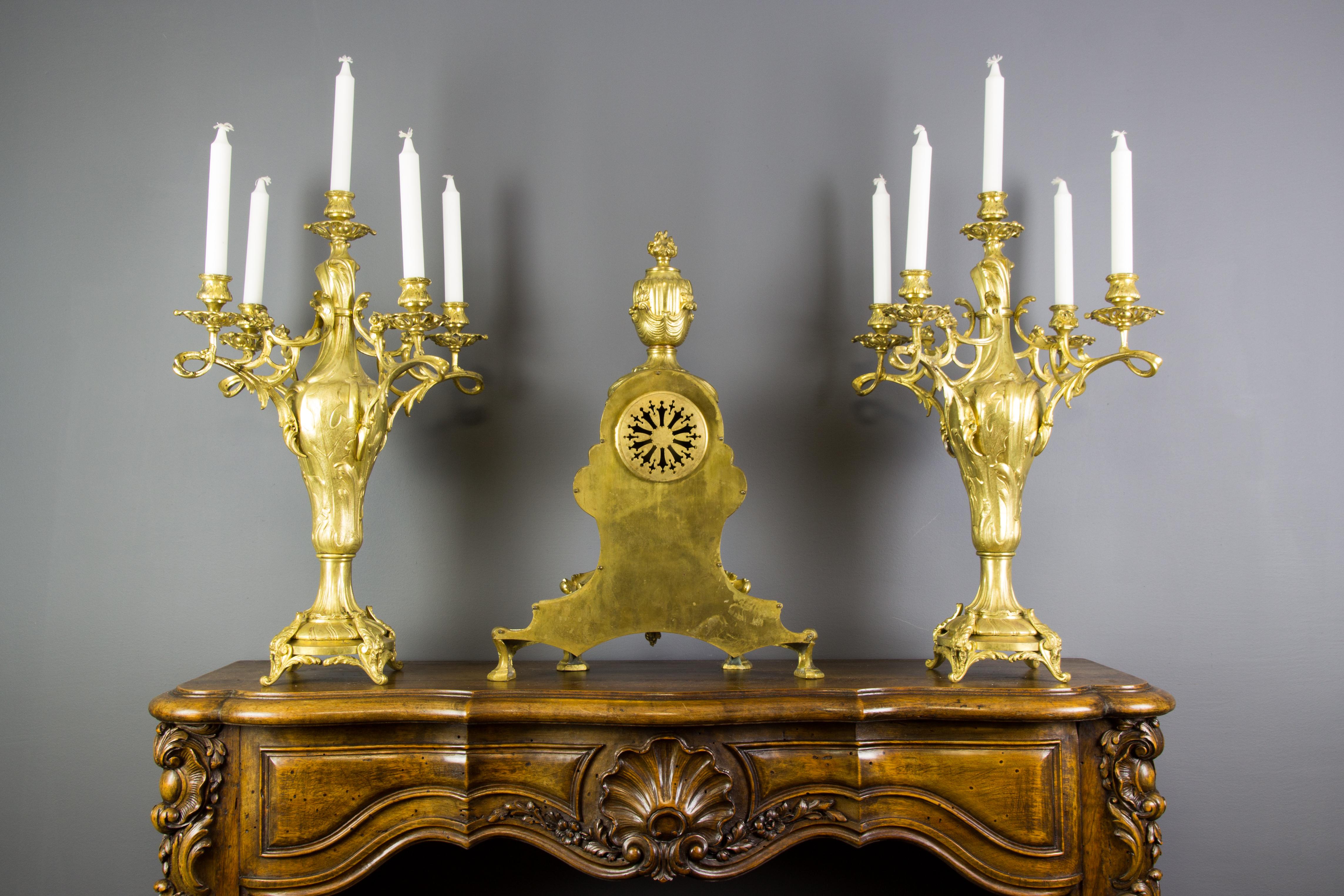 French Louis XV Style Bronze Three-Piece Garniture Clock Set For Sale 2
