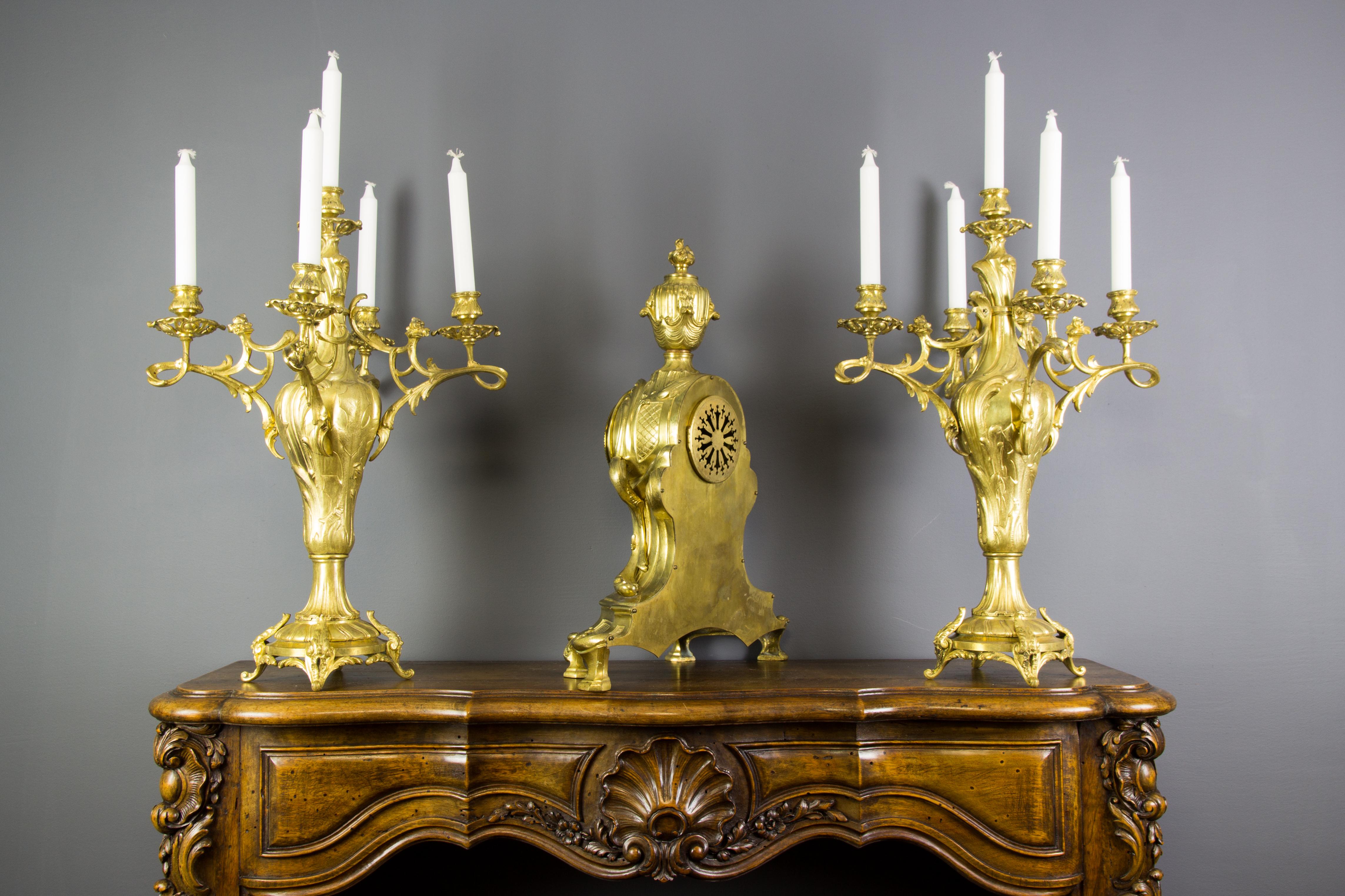 French Louis XV Style Bronze Three-Piece Garniture Clock Set For Sale 3