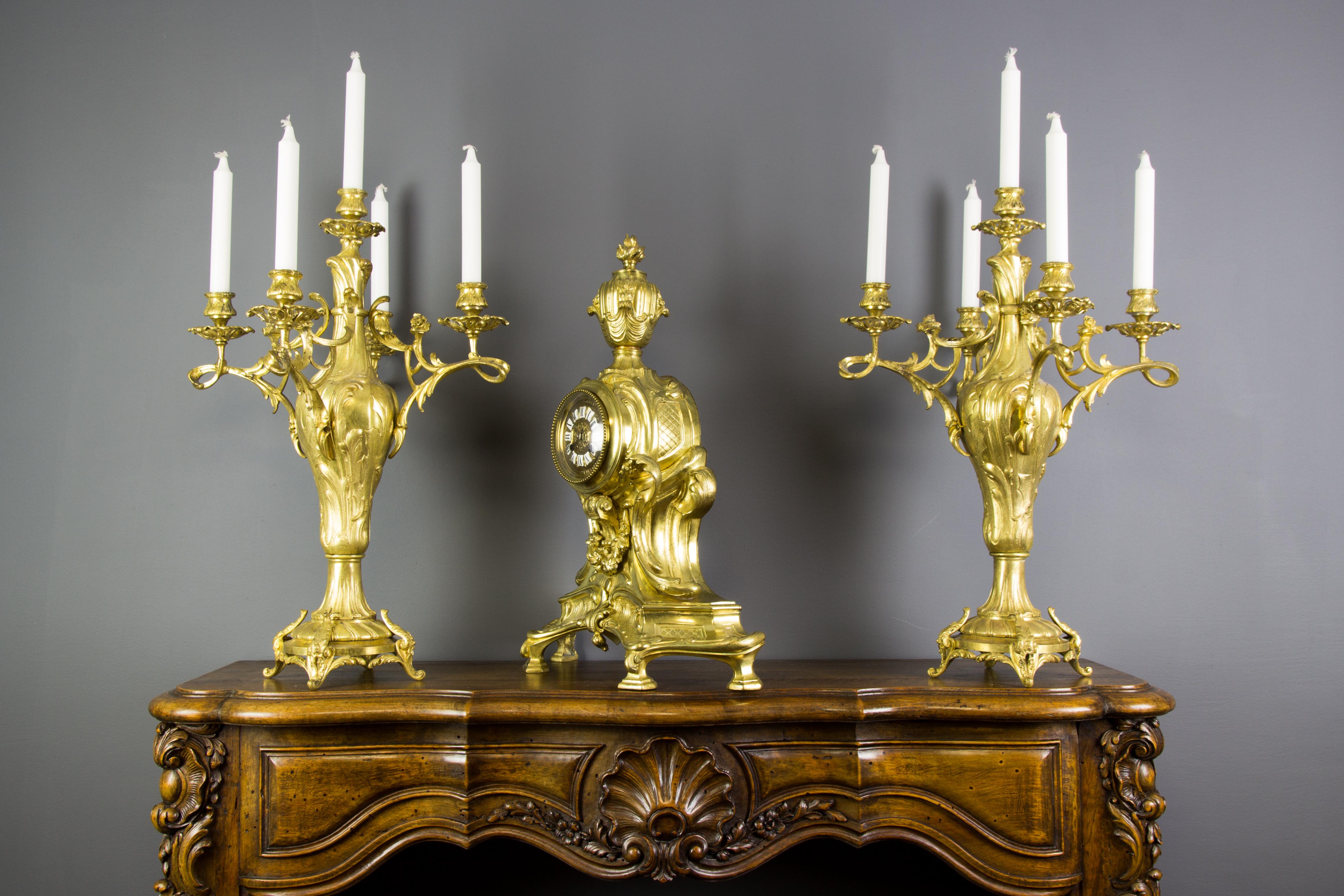 French Louis XV Style Bronze Three-Piece Garniture Clock Set For Sale 4