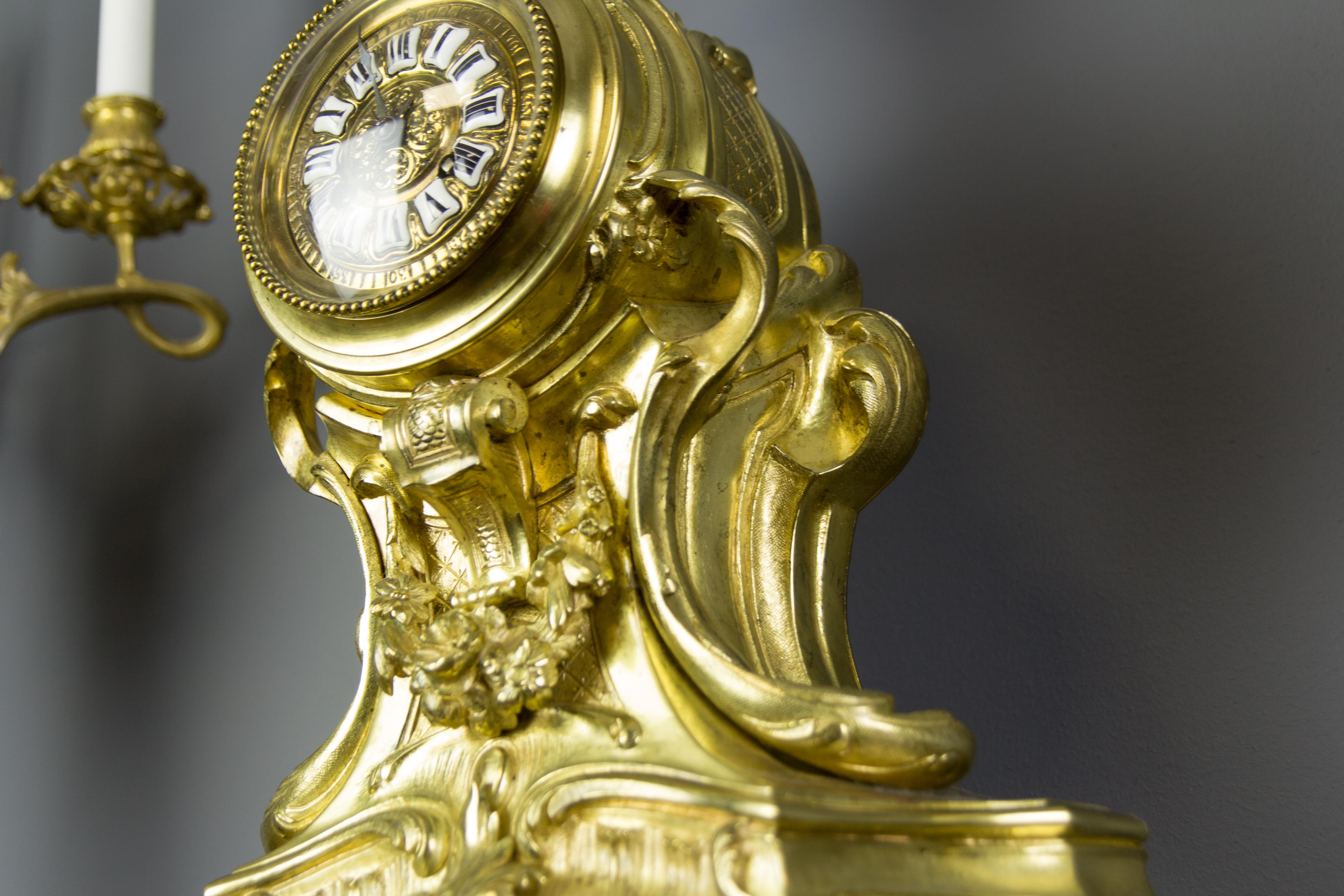 French Louis XV Style Bronze Three-Piece Garniture Clock Set For Sale 5