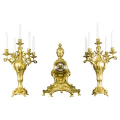 French Louis XV Style Bronze Three-Piece Garniture Clock Set
