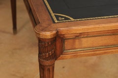 French Louis XV Style Bureau Plat Desk with Black Leather Top and Three Drawers
