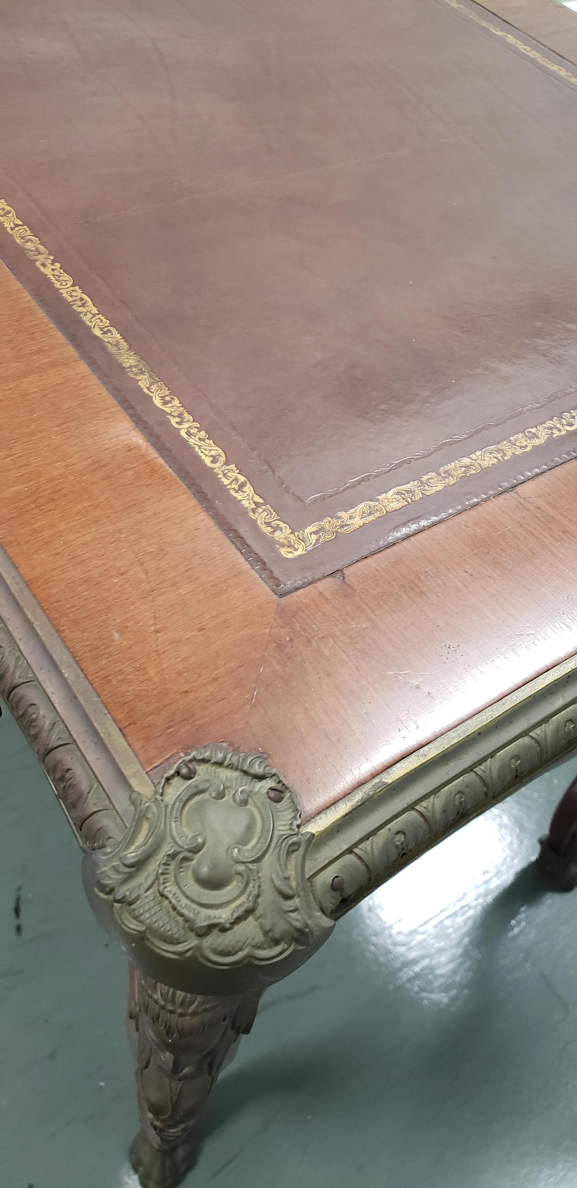 French Louis XV Style Bureau Plat with Embossed Leather Top and Bronze Mounts 2
