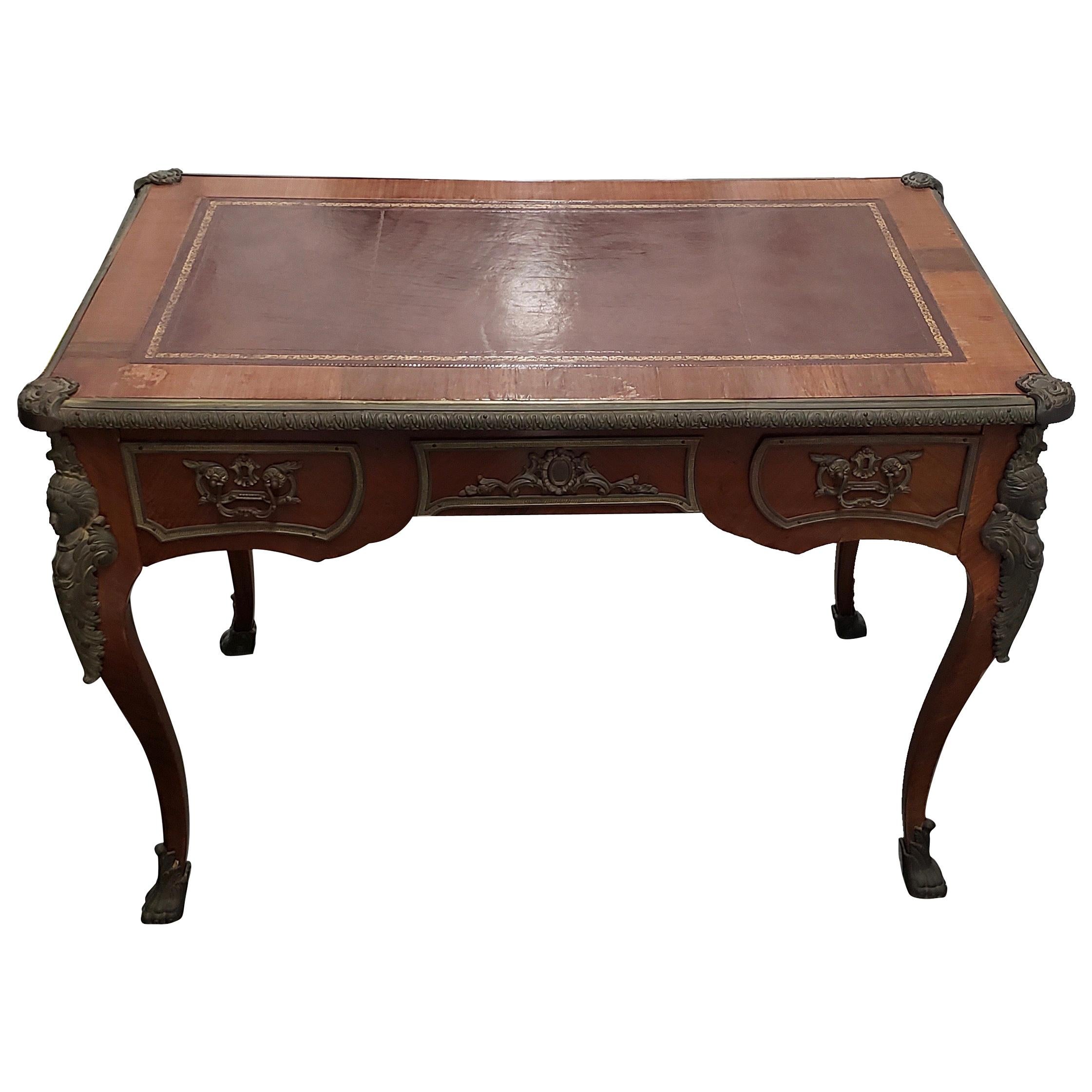 French Louis XV Style Bureau Plat with Embossed Leather Top and Bronze Mounts