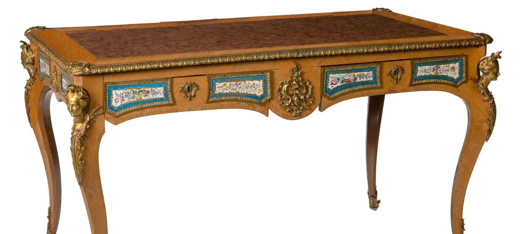 Hand-Carved French Louis XV-style Bureau Plat With Sevres Porcelain Plaques, 19 Century For Sale