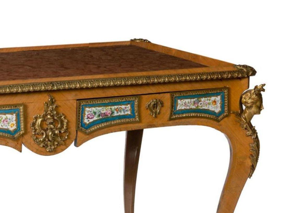 French Louis XV-style Bureau Plat With Sevres Porcelain Plaques, 19 Century In Good Condition For Sale In Cypress, CA