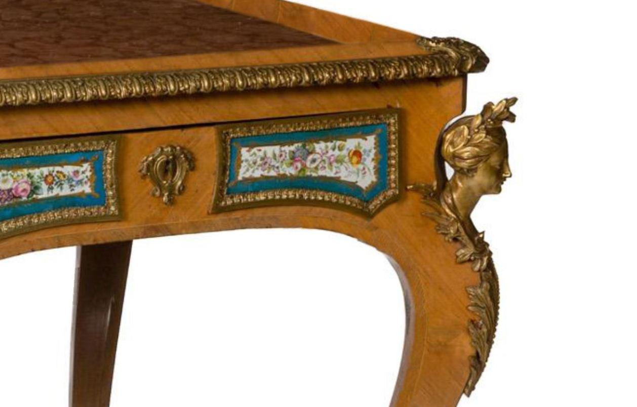 19th Century French Louis XV-style Bureau Plat With Sevres Porcelain Plaques, 19 Century For Sale