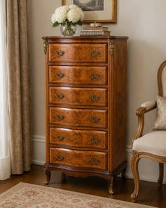 French Louis XV Style Burl Walnut Marquetry Semainier Chest, Circa 1950