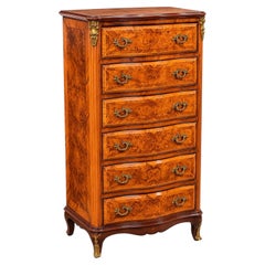 French Louis XV Style Burl Walnut Marquetry Semainier Chest, Circa 1950