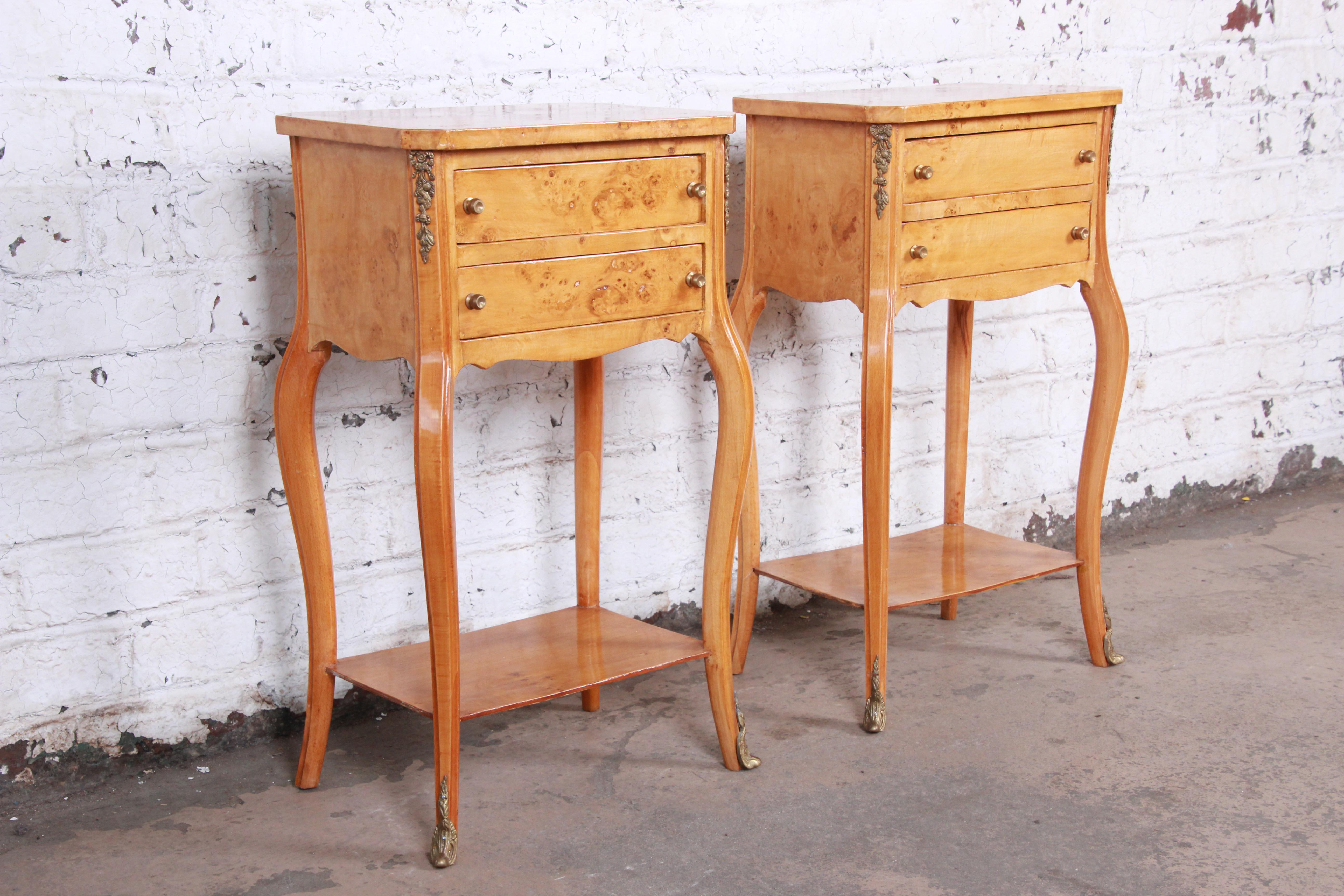 Mid-20th Century French Louis XV Style Burl Wood Nightstands, Pair