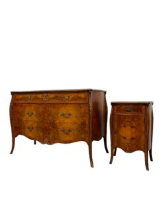 French Louis XV style BurlWood Bombe Commode and Matching Bedside Cabinet Set
