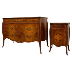 French Louis XV style BurlWood Bombe Commode and Matching Bedside Cabinet Set
