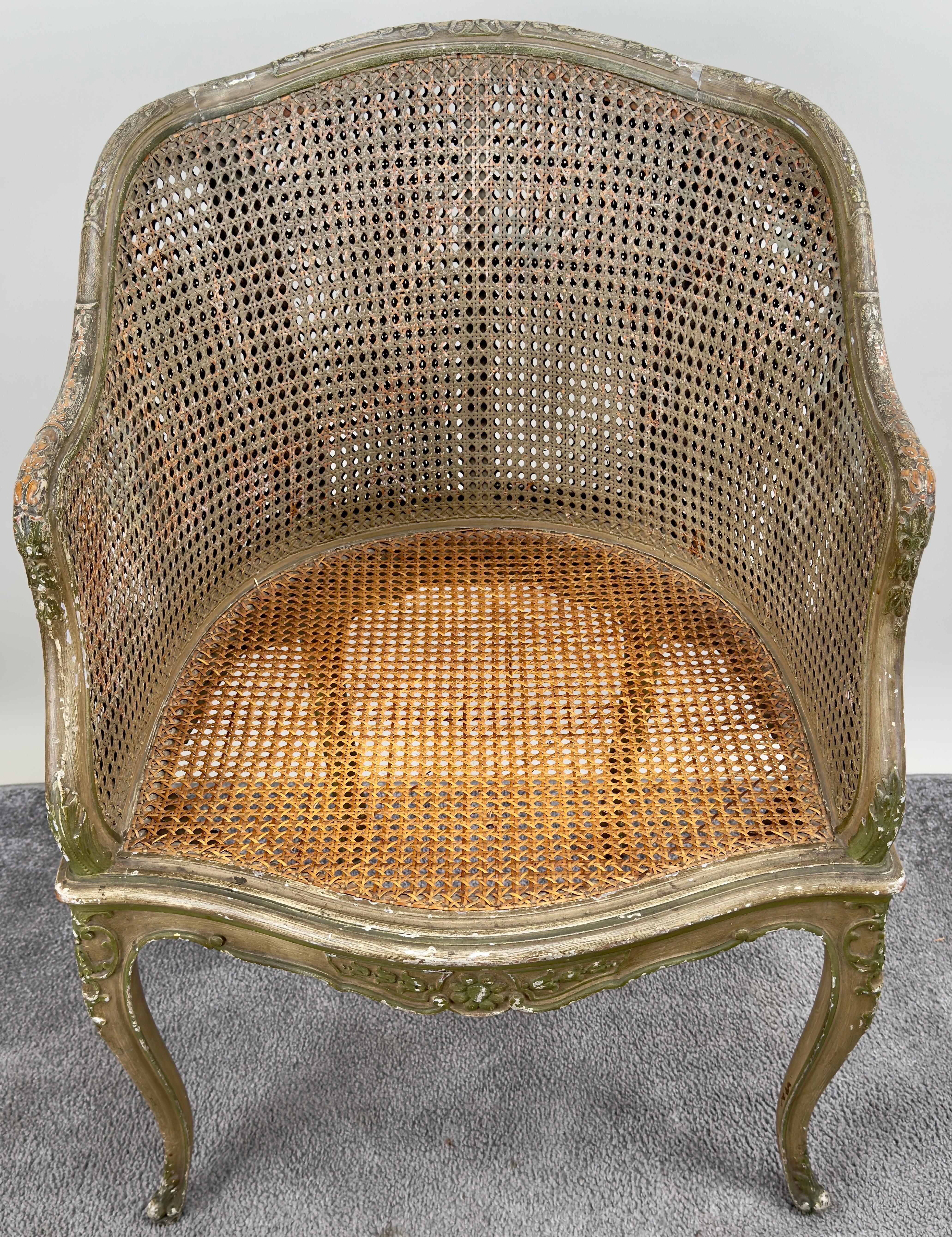 French Louis XV Style Cane Bergere Petite Salon Chair, a Pair Circa 1910's 8