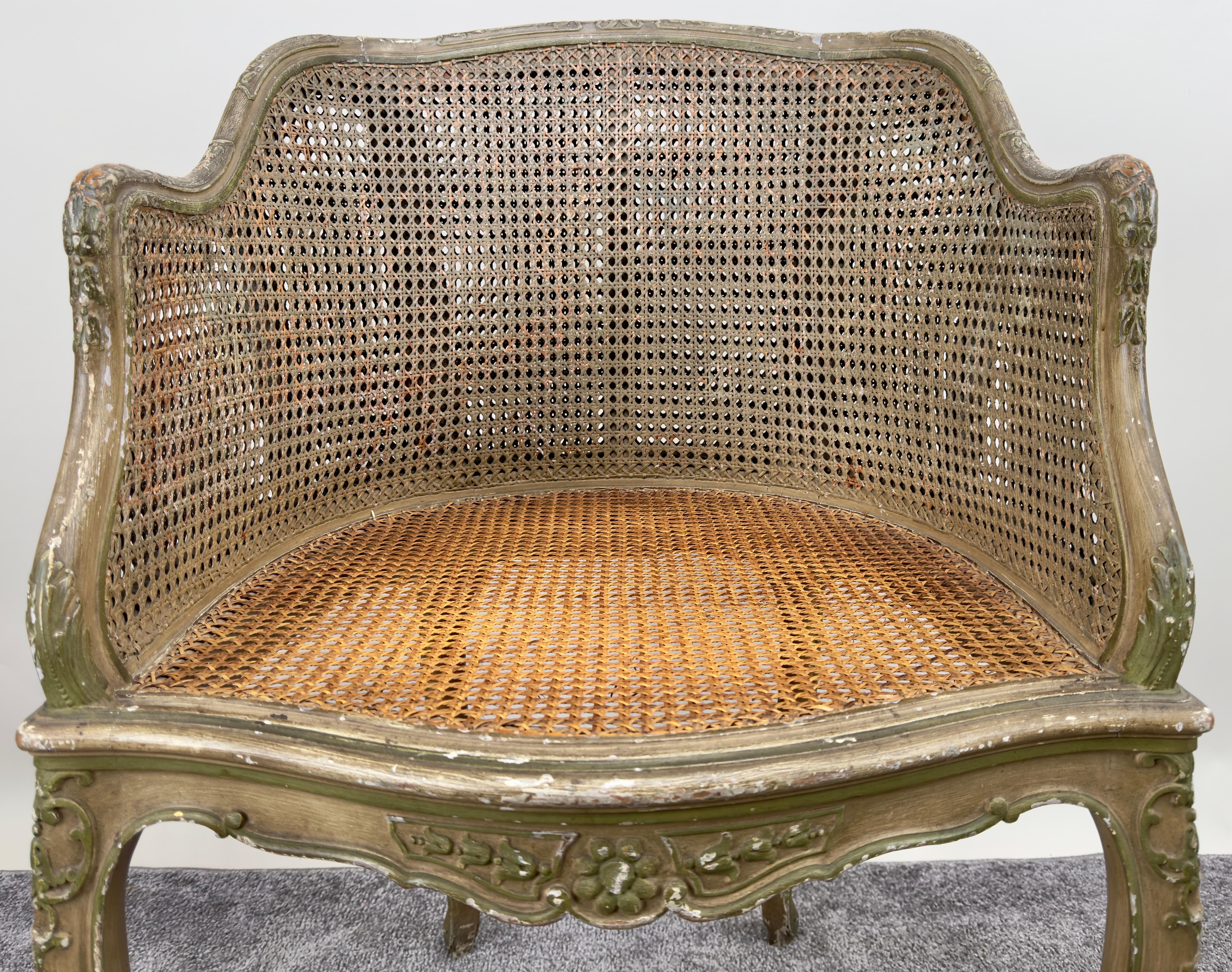 French Louis XV Style Cane Bergere Petite Salon Chair, a Pair Circa 1910's 9