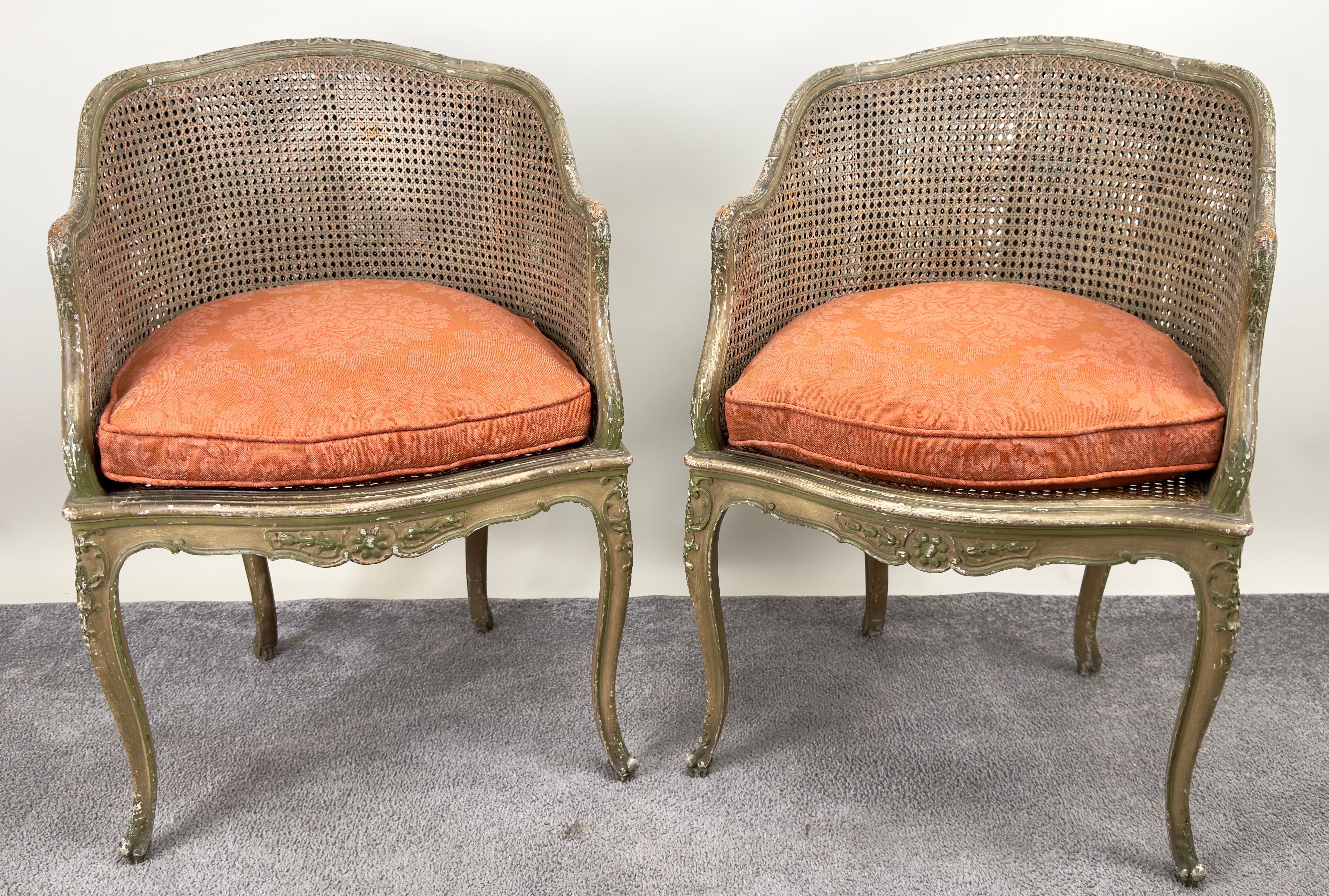 French Louis XV Style Cane Bergere Petite Salon Chair, a Pair Circa 1910's In Good Condition In Plainview, NY