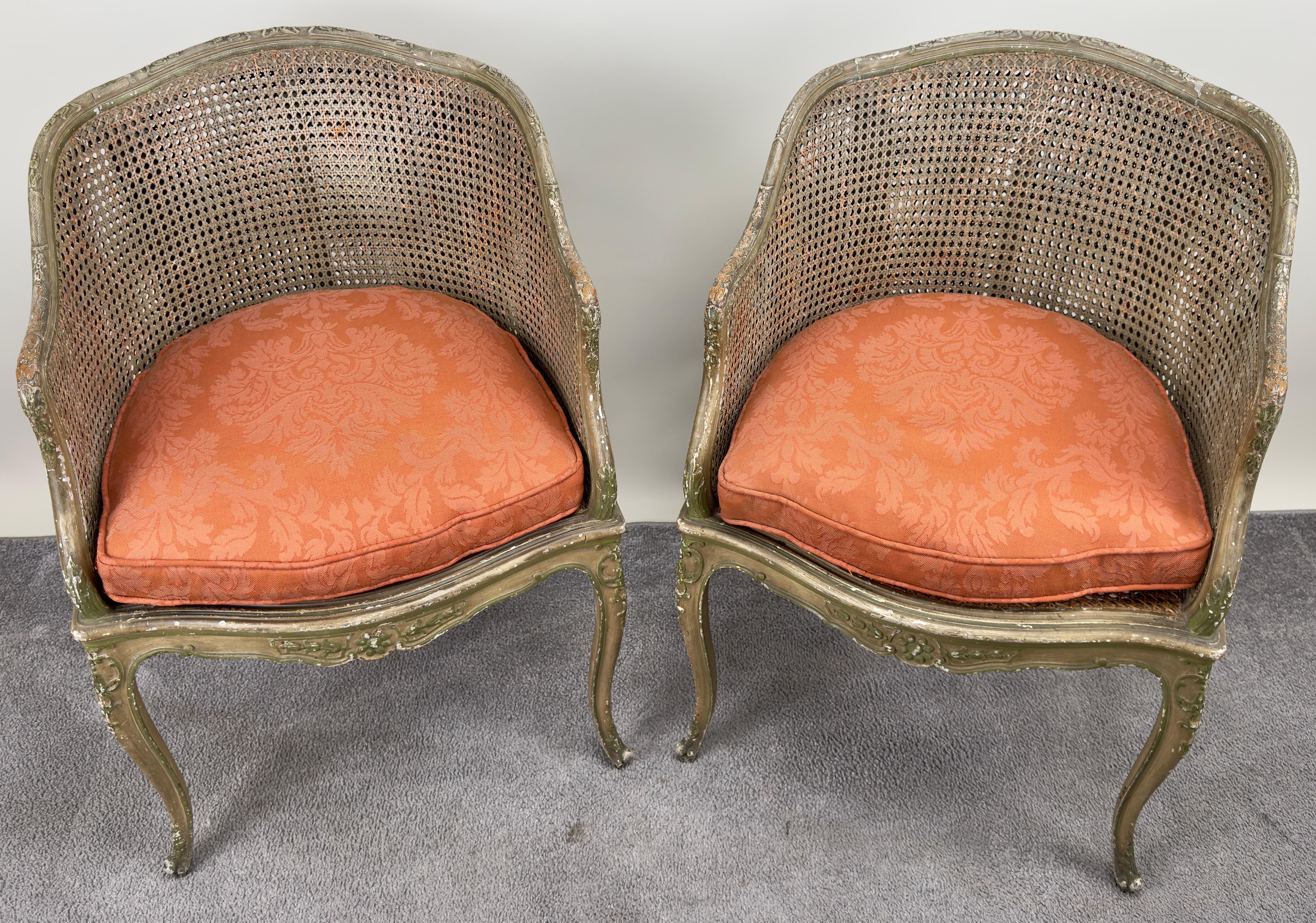 Early 20th Century French Louis XV Style Cane Bergere Petite Salon Chair, a Pair Circa 1910's