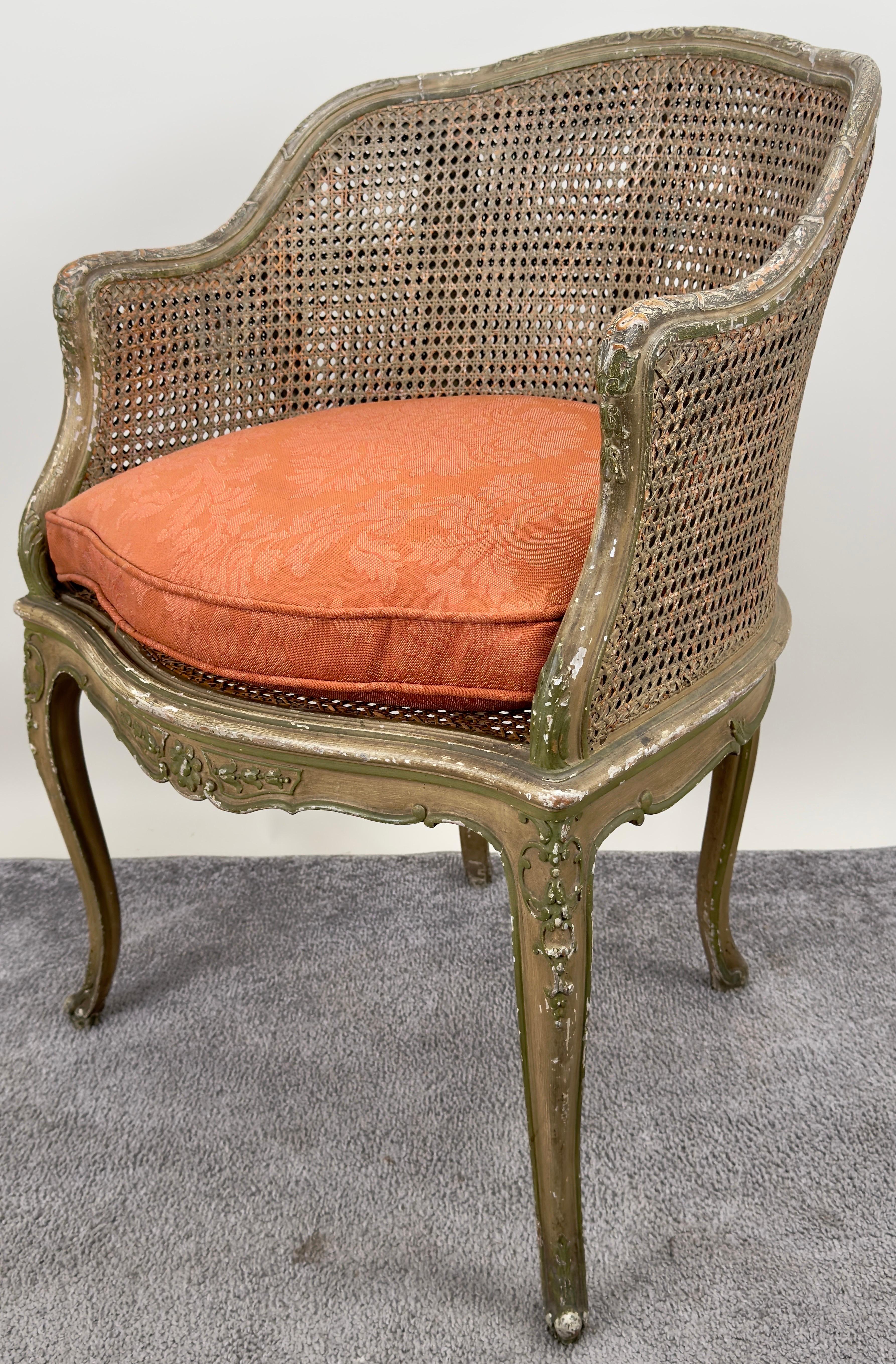 French Louis XV Style Cane Bergere Petite Salon Chair, a Pair Circa 1910's 1