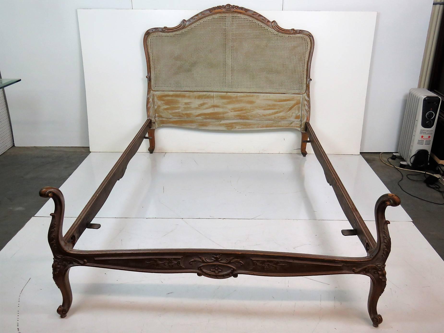French Louis XV Style Caned Back Distressed Painted Bed 1