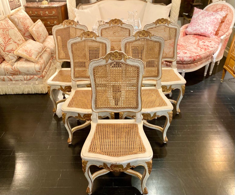 Set of six French pale Trianon grey patinated chairs with natural caned backs and seats, in the classic style of Louis XV. The carved legs joined by an entretoise, the back of the chair and the seat highlighted with a gilt shell cartouche, with gilt
