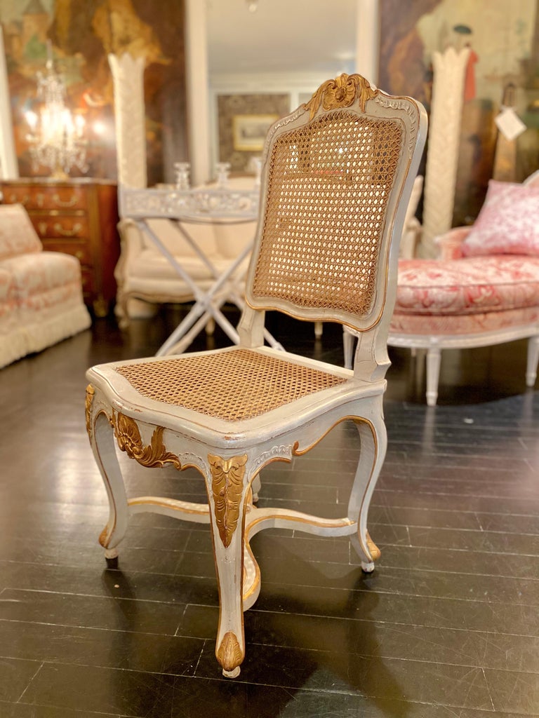Painted French, Louis XV Style caned Chairs, Set of Six For Sale
