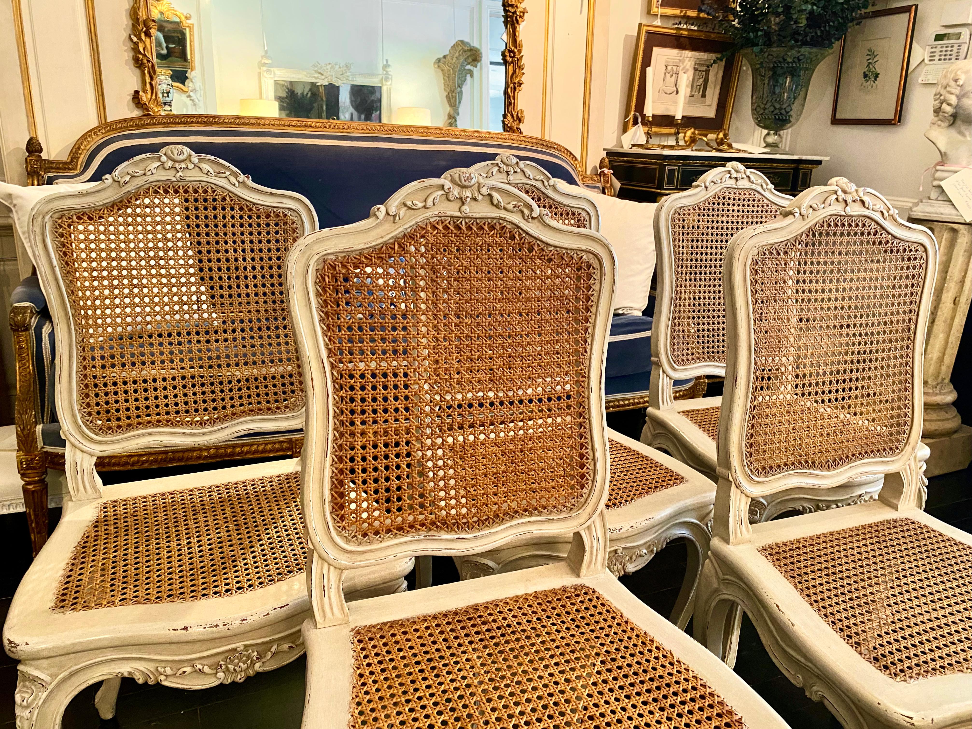 Painted French, Louis XV Style Caned Chairs, Set of Six For Sale