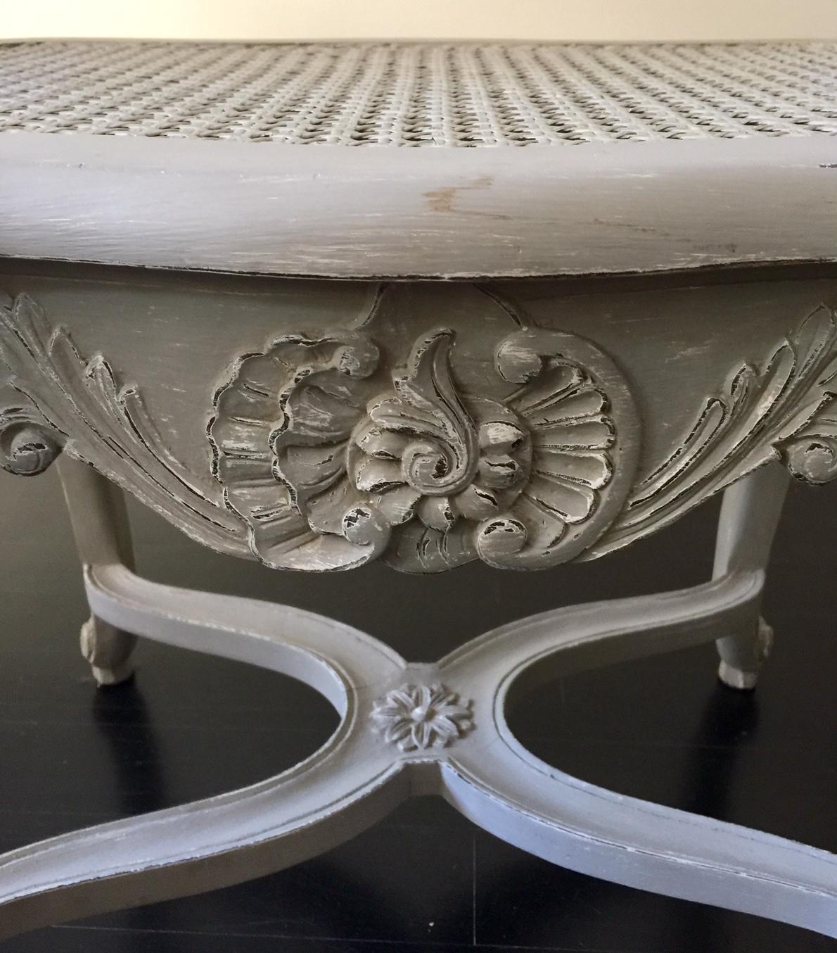 20th Century French Louis XV Style Caned Grey Patinated Bench with Entretoise For Sale