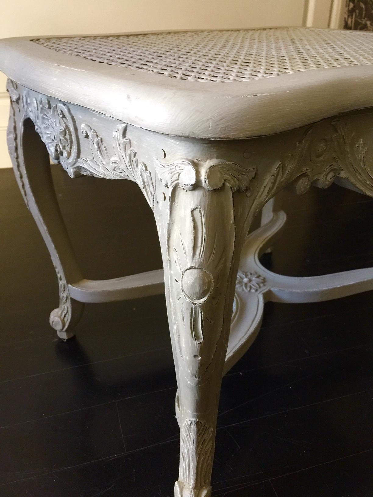Wood French Louis XV Style Caned Grey Patinated Bench with Entretoise For Sale