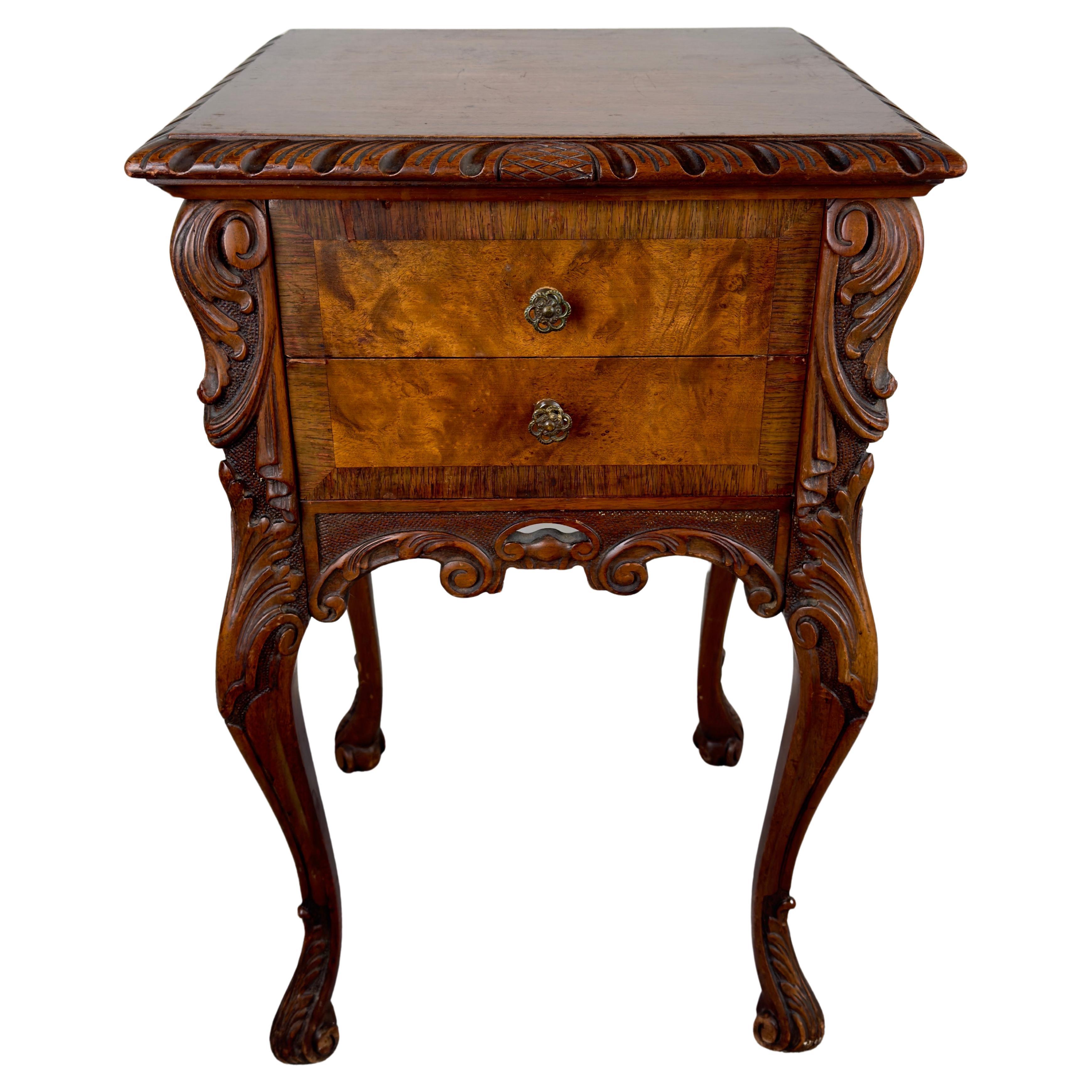 French Louis XV Style Carved Burl Walnut Side, end Table or Nightstand  For Sale