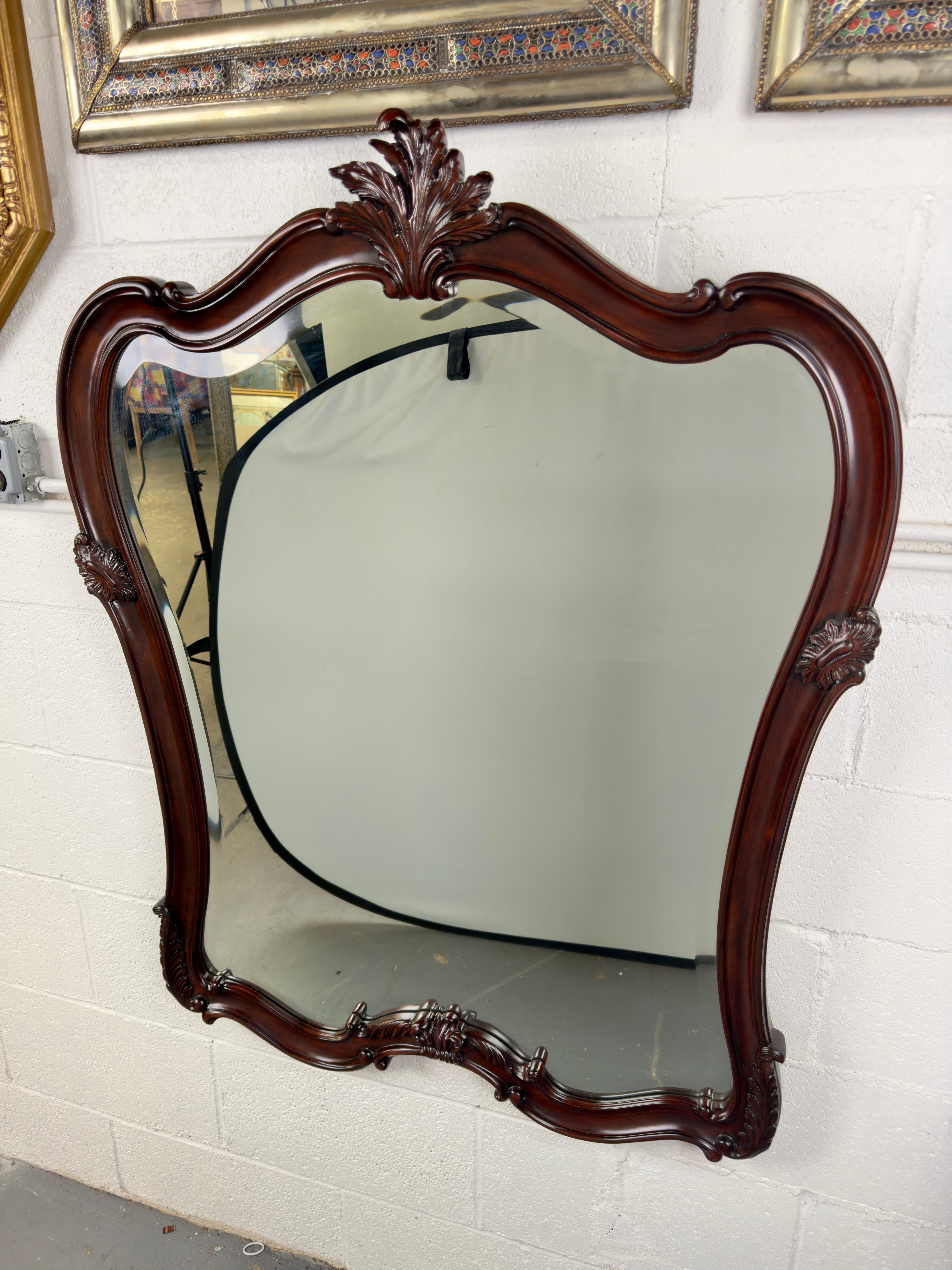 American French Louis XV Style Carved Cherry Wood & Beveled Glass Wall or Mantel Mirror For Sale